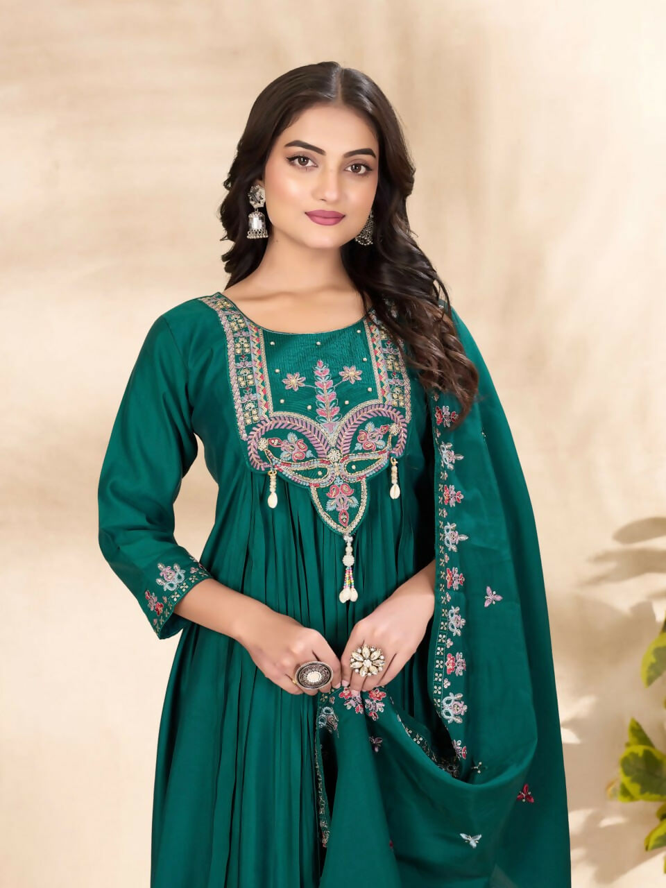 Lehenga Mart Designer Anarkali Suit With Kurta, Pant, Dupatta For Women-Teal