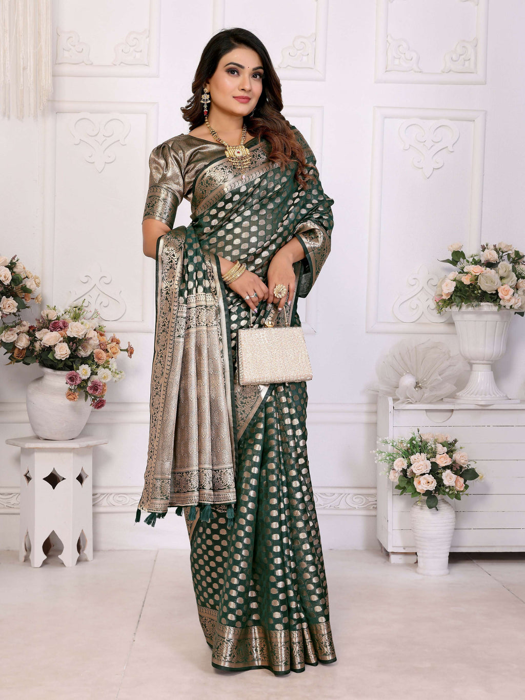 Aastha Fashion Dark Green Organza Silk Weaving Saree