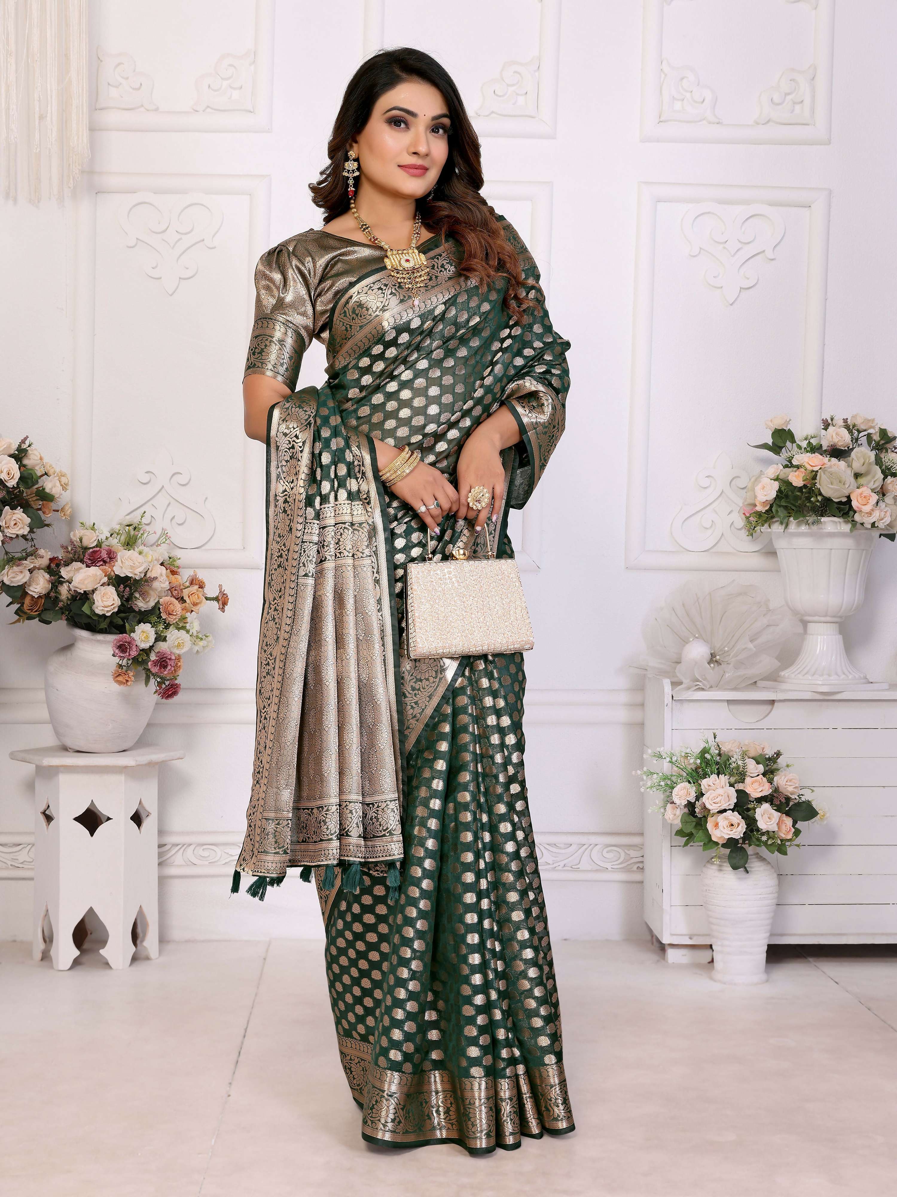 Aastha Fashion Dark Green Organza Silk Weaving Saree