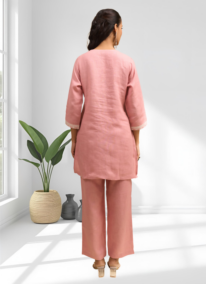 Joban Fashion Pink Linen Embroidered Readymade Cord Set
