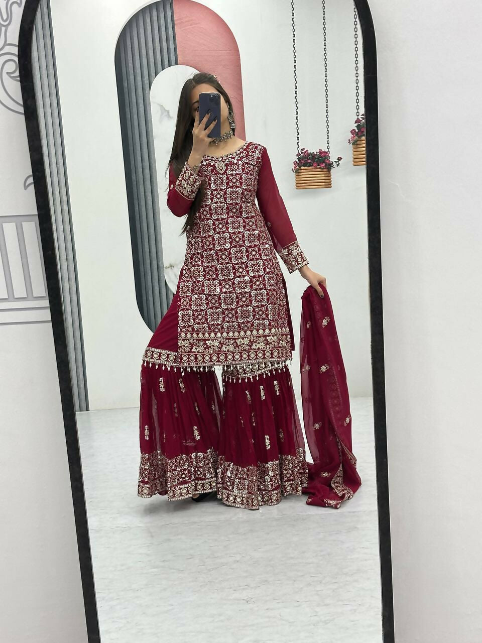 Teeya Creation Womens New Heavy Fox Georgette Fabric With Heavy Embroidery Work Red Kurta Set