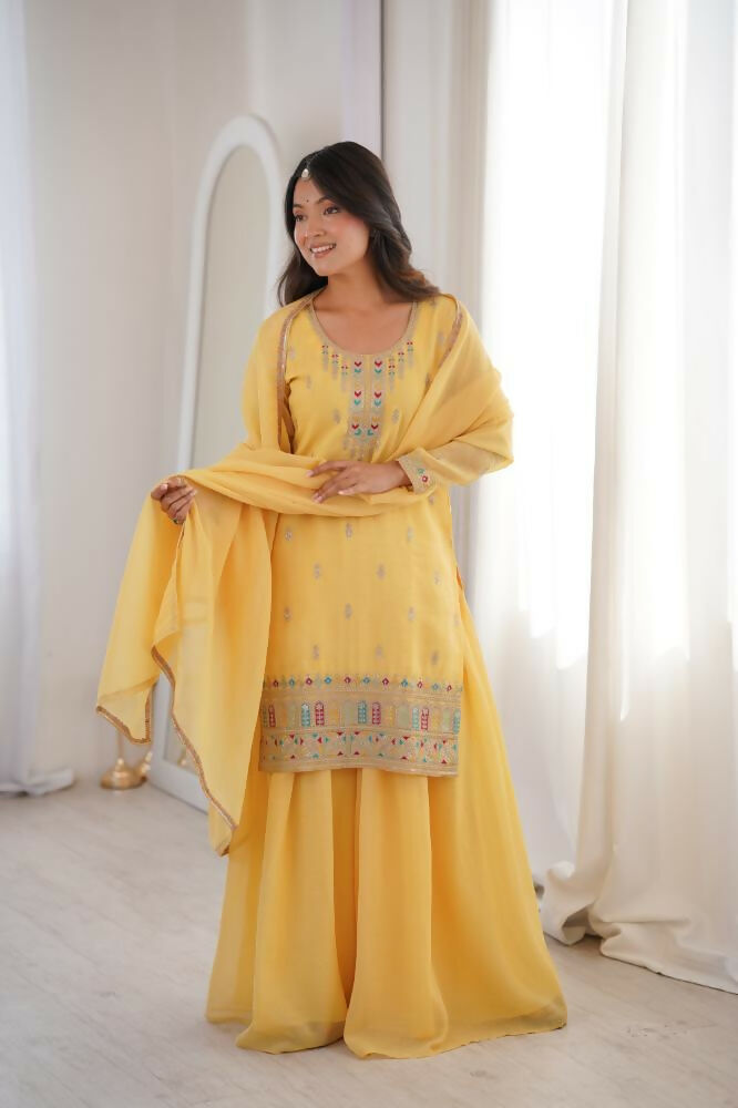 Lehenga Mart Designer Sharara Suit With Kurta, Sharara, Dupatta For Women-Yellow