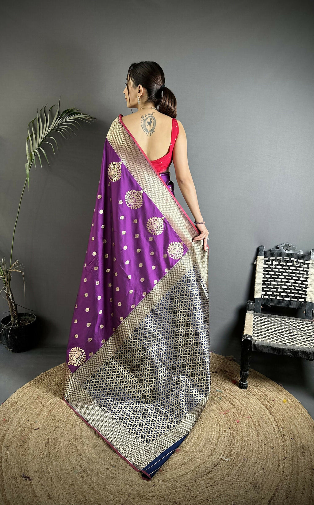 Joban Fashion Purple Woven Butti Soft Silk Banarasi Silk Saree