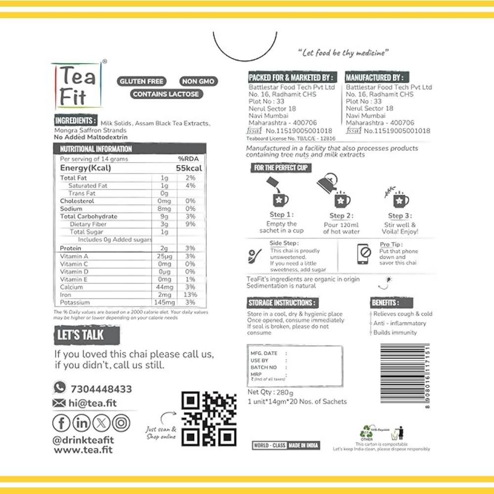 TeaFit Premium NO SUGAR Instant Saffron Tea Premix