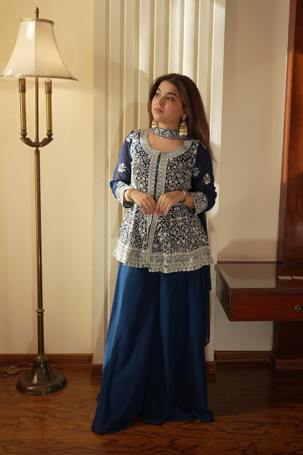 Lehenga Mart Designer Palazzo Suit With Kurta Palazzo Dupatta For Women-Blue