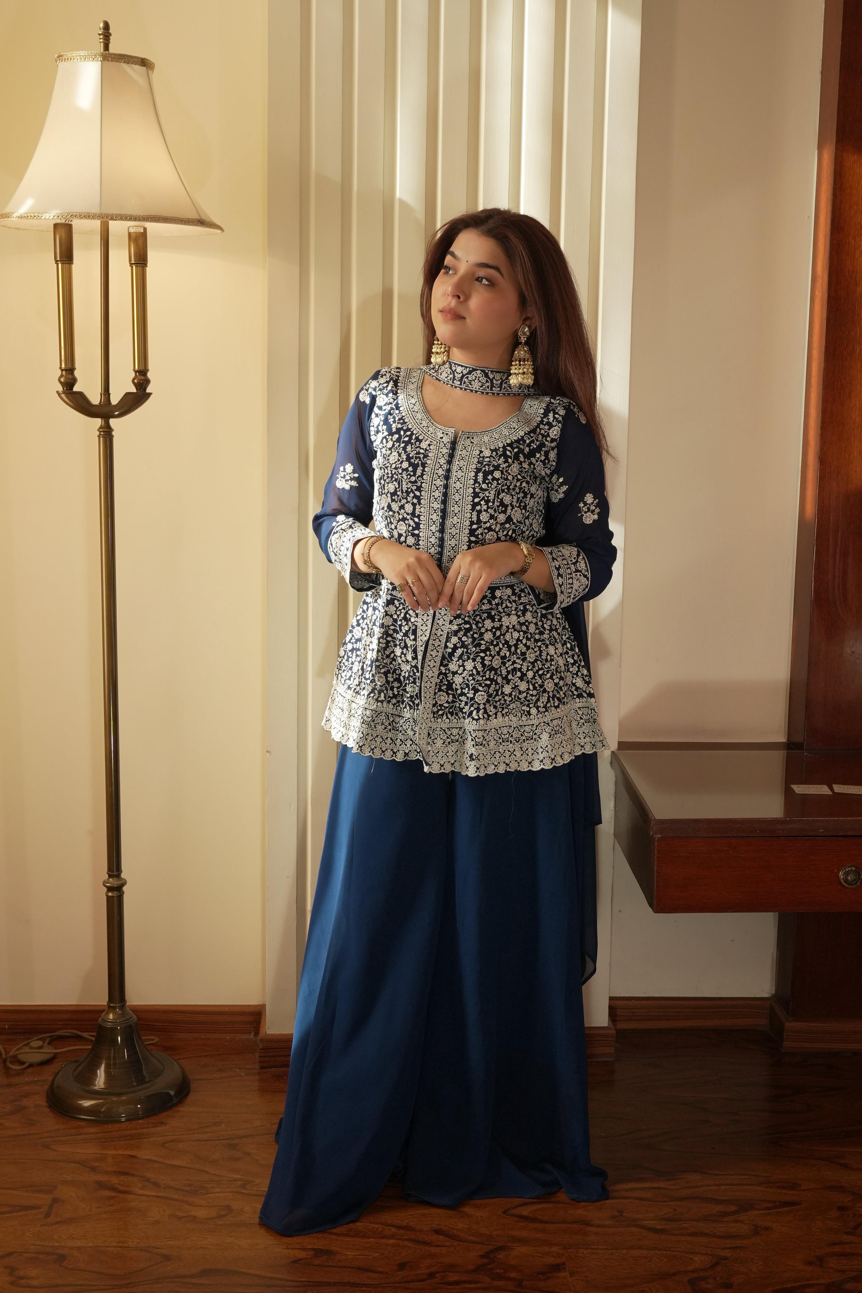 Lehenga Mart Designer Palazzo Suit With Kurta Palazzo Dupatta For Women-Blue
