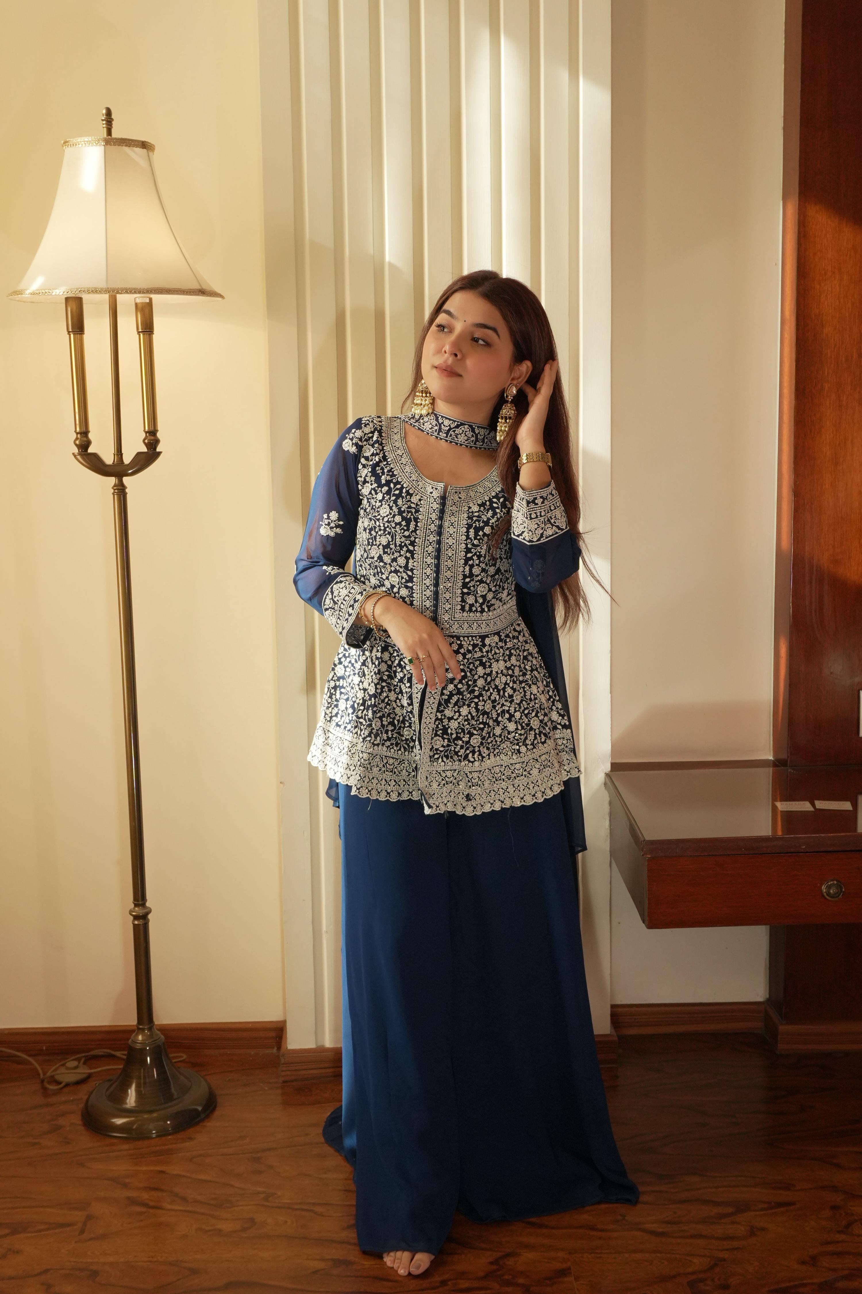 Lehenga Mart Designer Palazzo Suit With Kurta Palazzo Dupatta For Women-Blue
