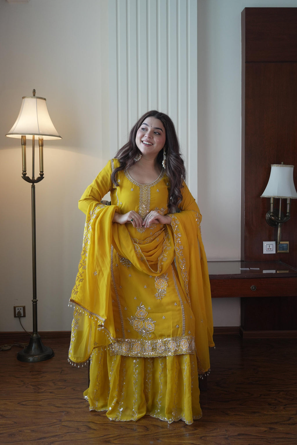 Lehenga Mart Designer Sharara Suit With Kurta Sharara Dupatta For Women-Yellow