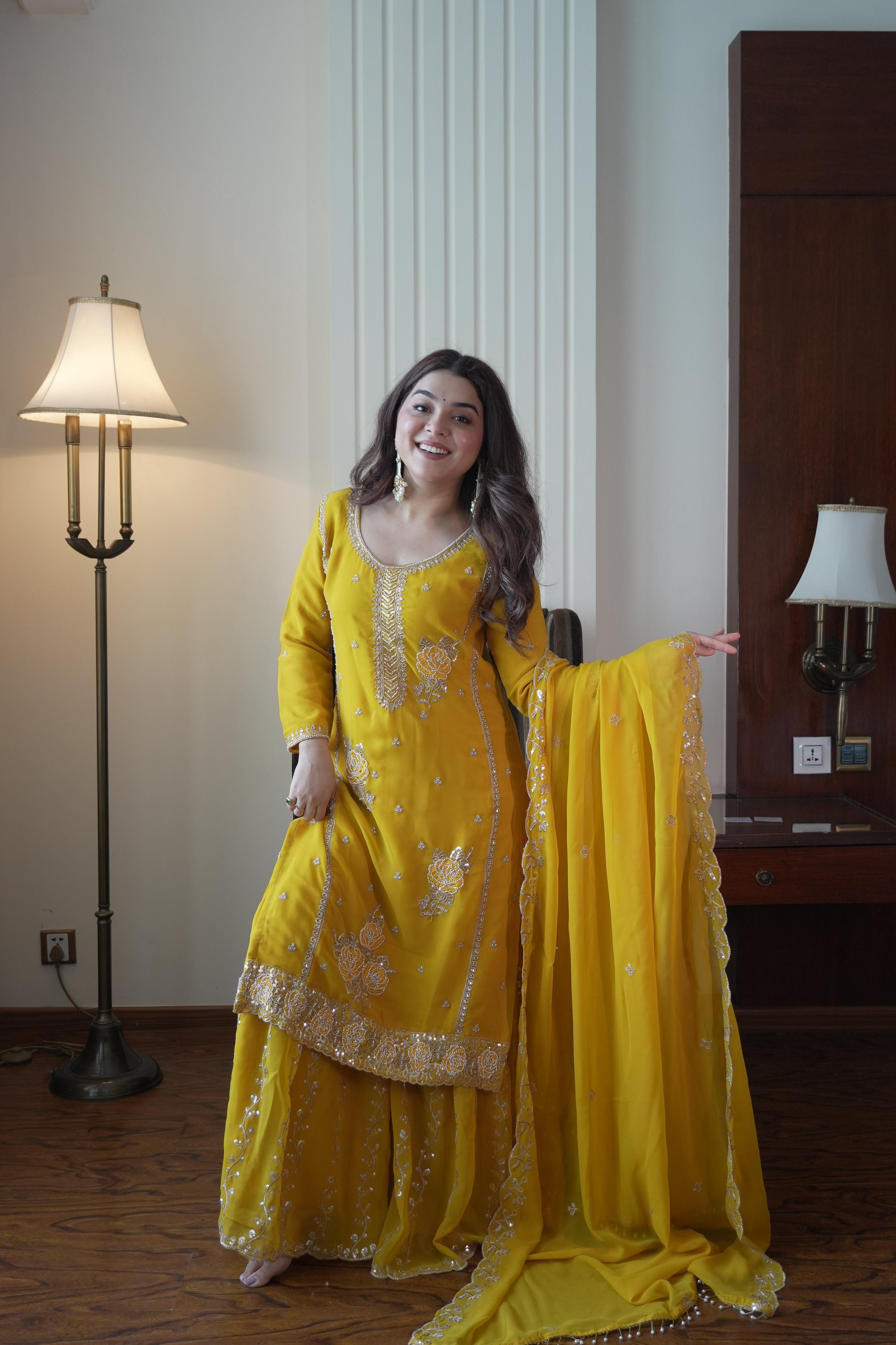 Lehenga Mart Designer Sharara Suit With Kurta Sharara Dupatta For Women-Yellow