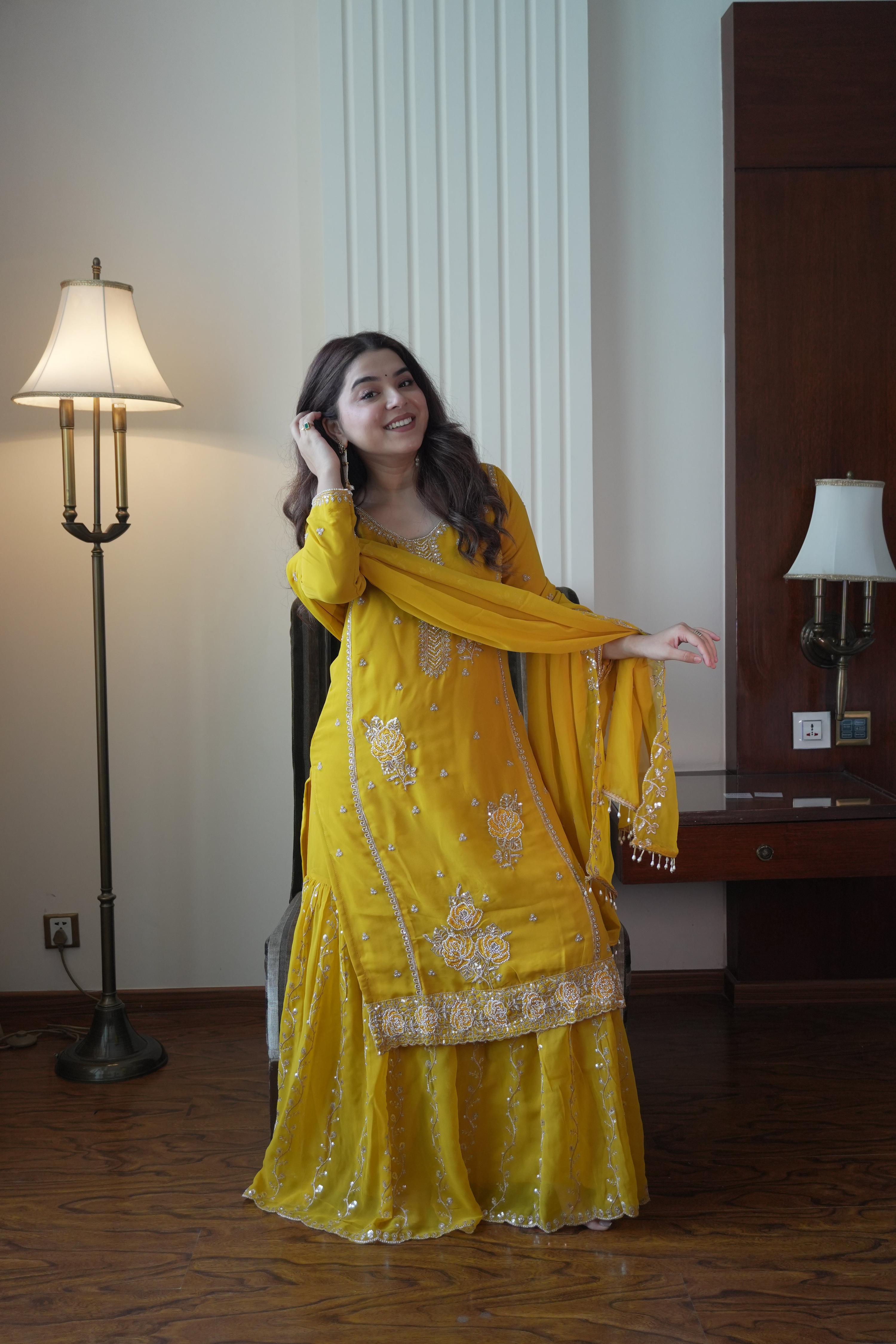 Lehenga Mart Designer Sharara Suit With Kurta Sharara Dupatta For Women-Yellow