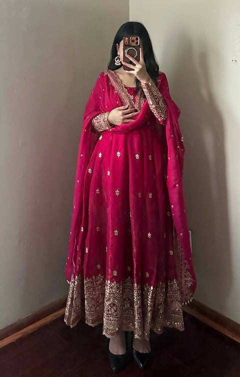Teeya Creation Red Fendy Silk Designer Heavy Work Wedding Wear Long Gown