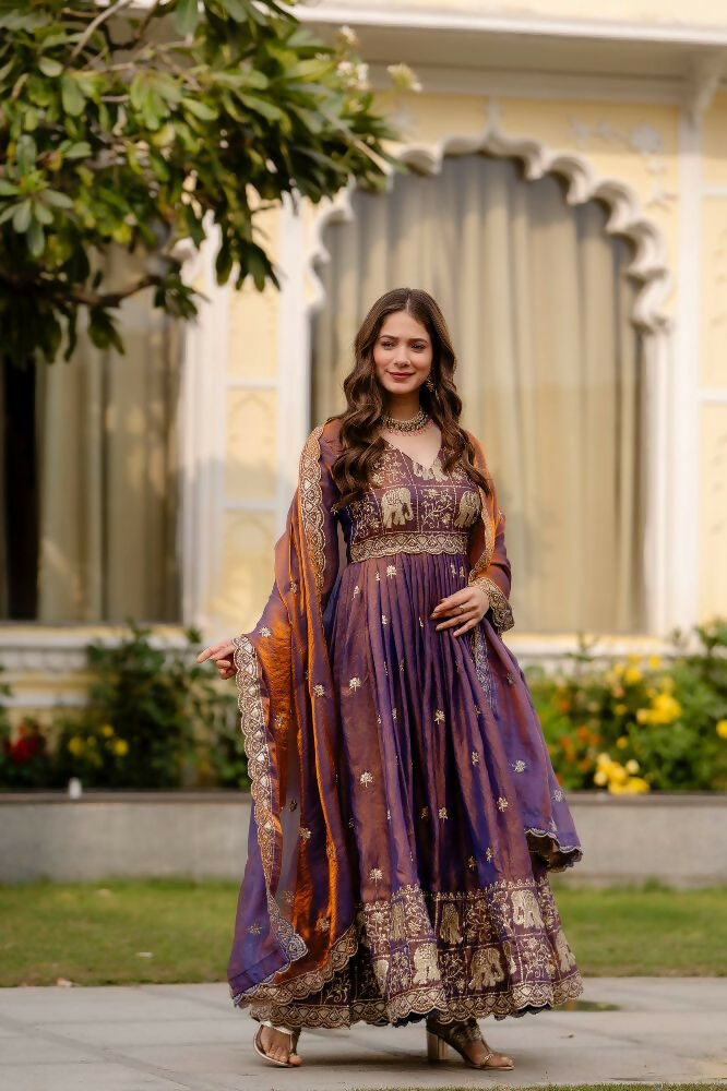 Teeya Creation Wine Primium Fendy Satin Silk Embroidery Work Wedding Wear Gown