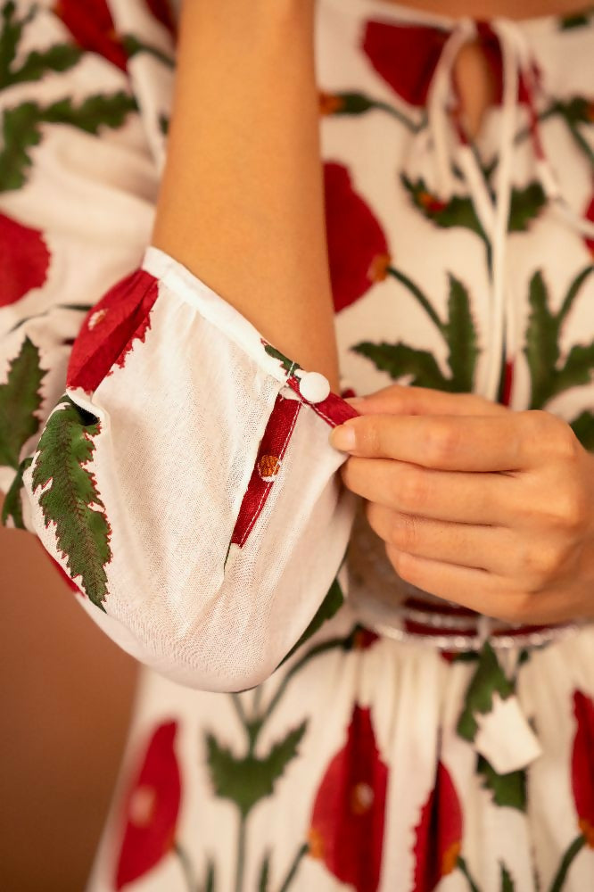 Joban Fashion Red Rose Floral Hand Block Printed Cotton Kurta Pant Set