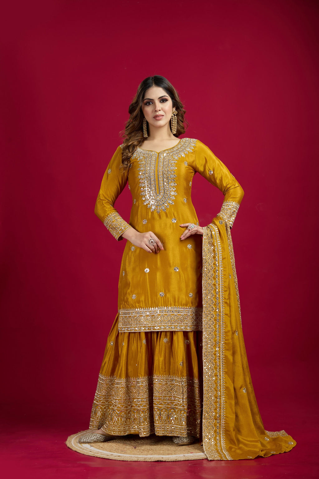 Joban Fashion Yellow Kurta Set Silk Sequins , Zari, Coding & Thread Embroidered work
