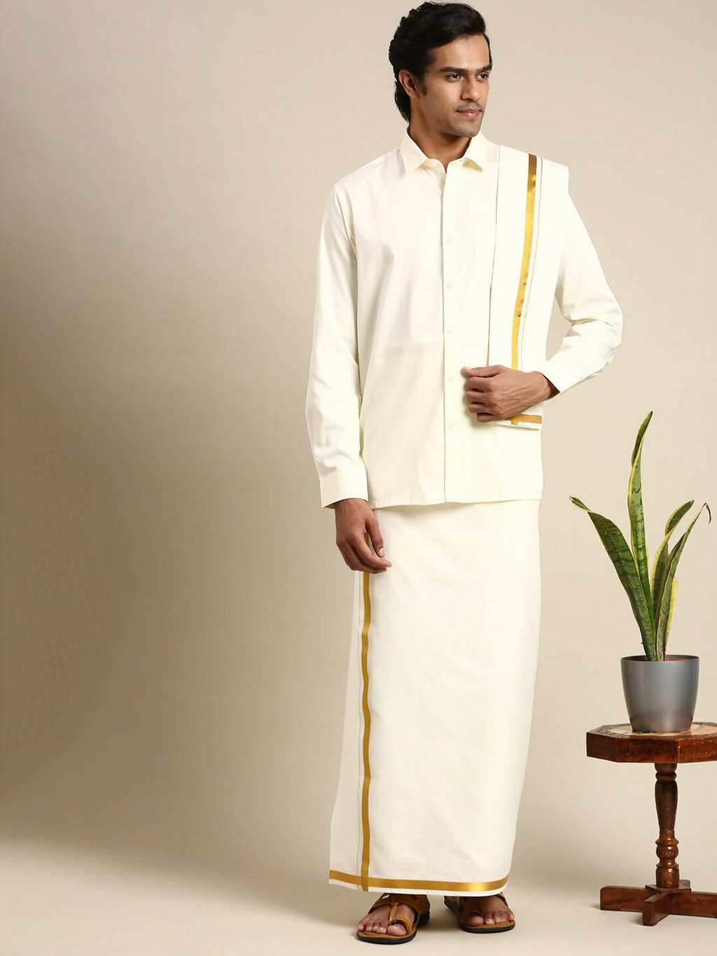 Ramraj Cotton Premium Wedding Cream Regular Dhoti, Shirt & Towel Set Golden Reward