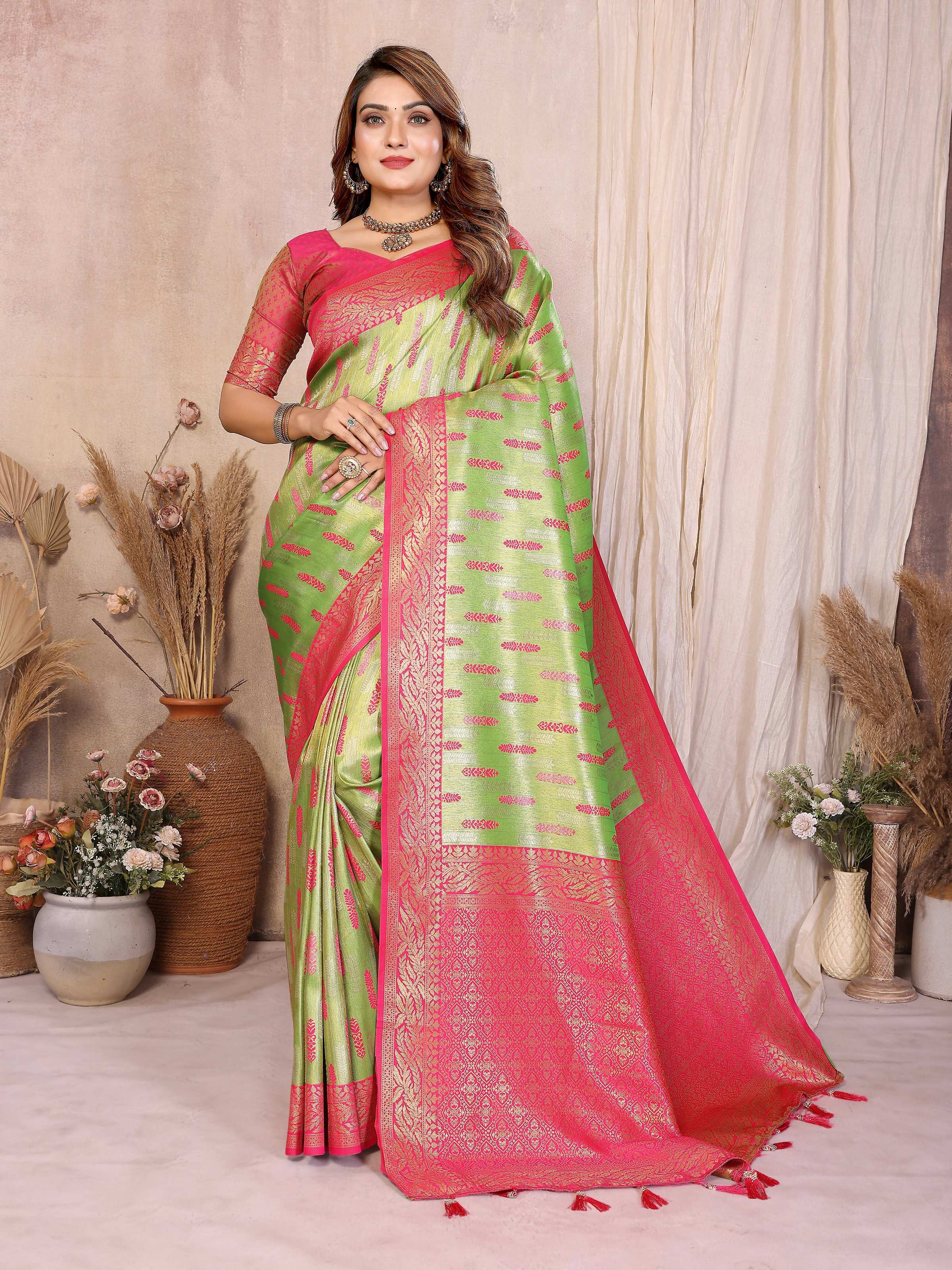 Aastha Fashion Pista Green Tissue Silk Paithani Woven Saree