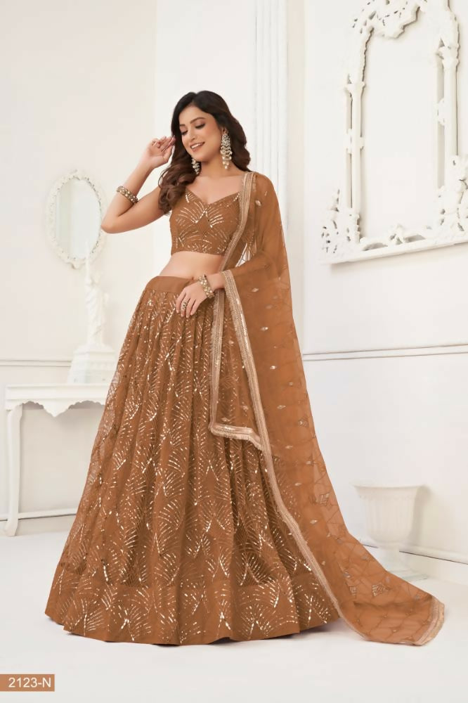 Aastha Fashion Brown Butterfly Net Tone To Tone Thread Work, Sequence Work And Original Mirror Work Embroidery Wedding Wear Lehenga Choli