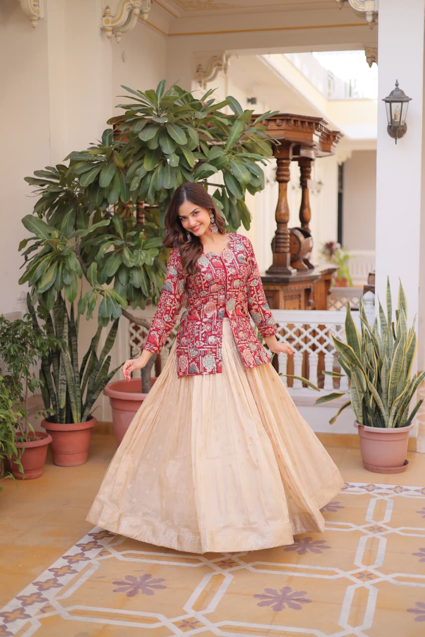 Prazu Fashion Maroon Cosmos Weaving Jacquard Designer Lehenga