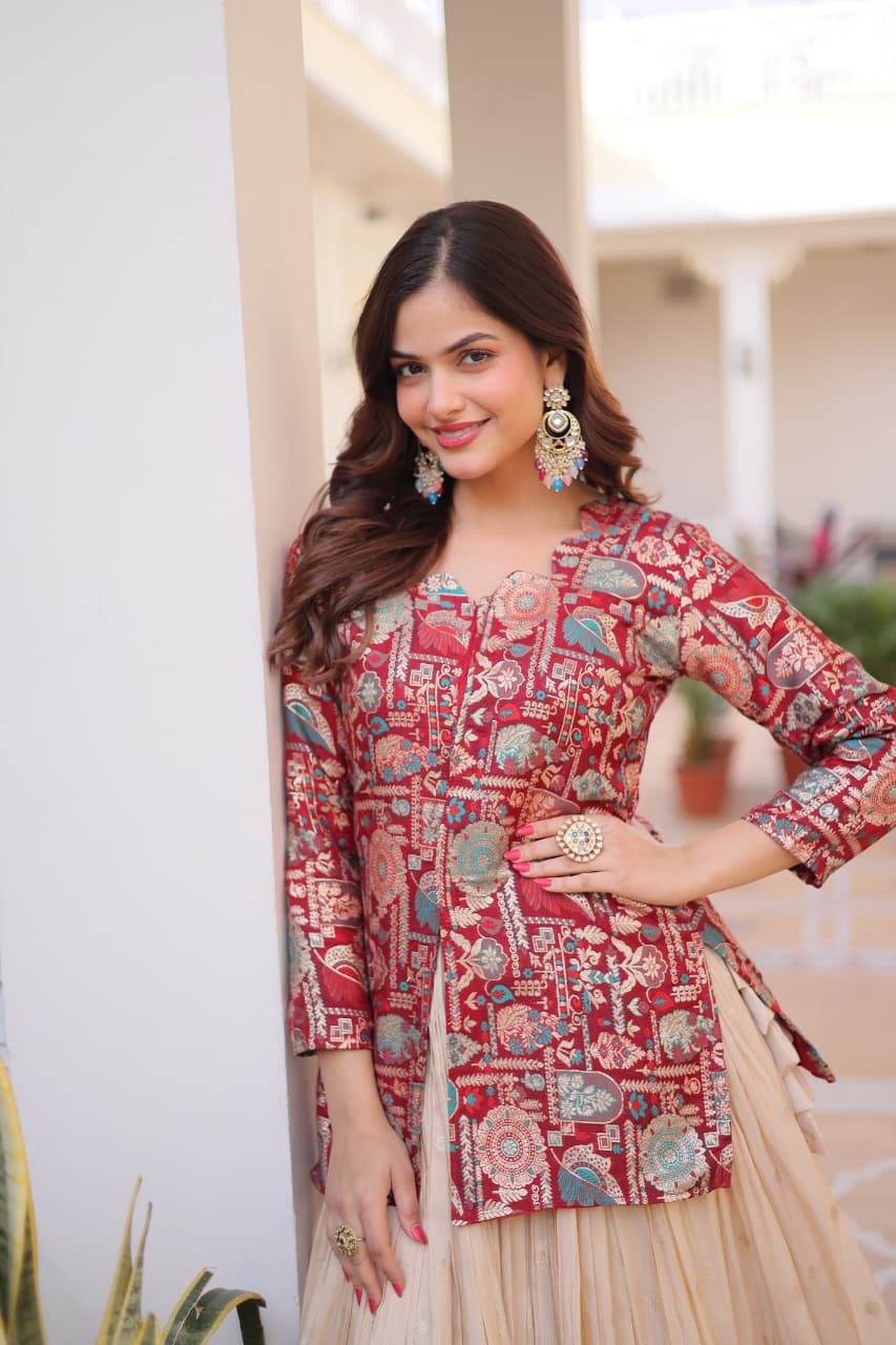 Prazu Fashion Maroon Cosmos Weaving Jacquard Designer Lehenga