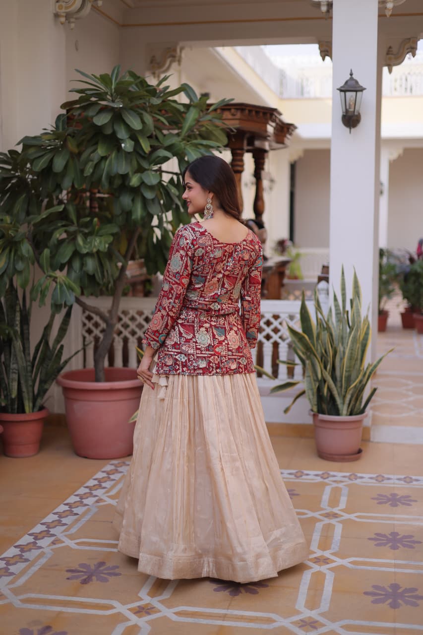 Prazu Fashion Maroon Cosmos Weaving Jacquard Designer Lehenga