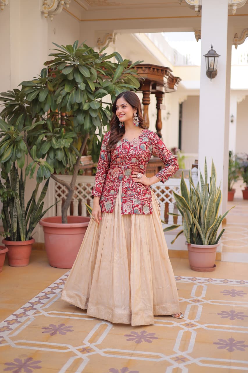 Prazu Fashion Maroon Cosmos Weaving Jacquard Designer Lehenga