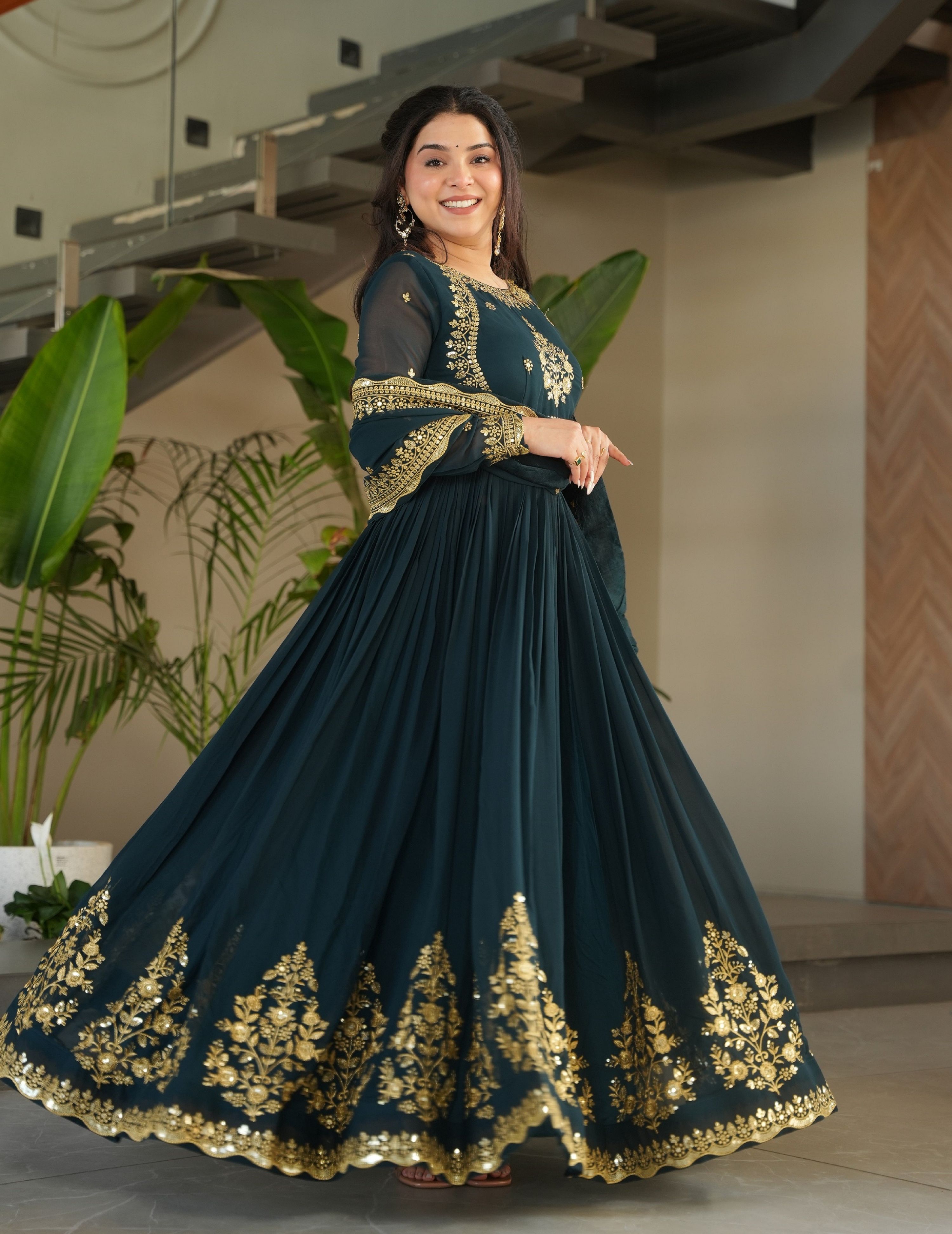 Vedant Vastram Georgette Embroidery & Sequence Work Stitched Ethnic Gown-Rama