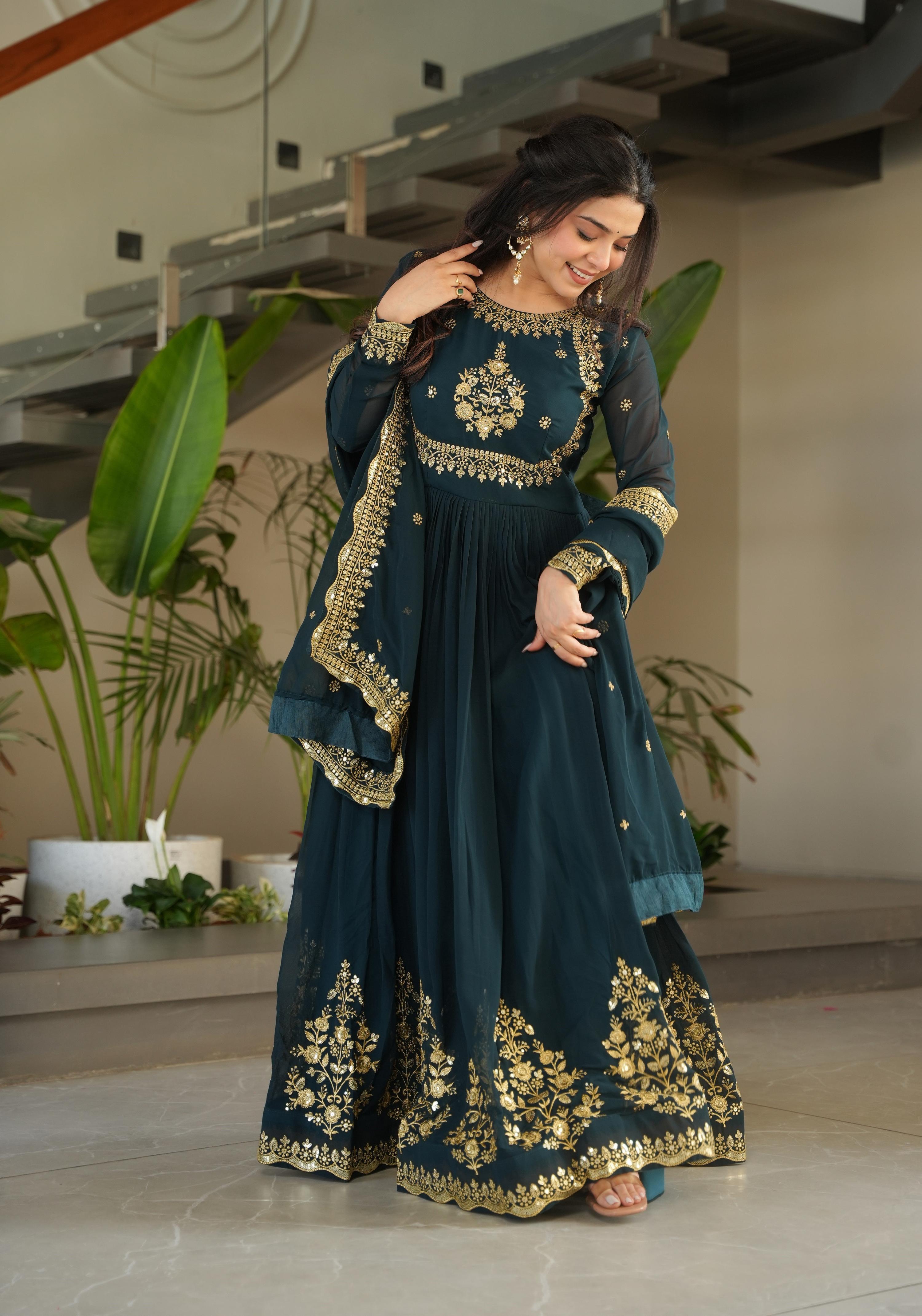 Vedant Vastram Georgette Embroidery & Sequence Work Stitched Ethnic Gown-Rama