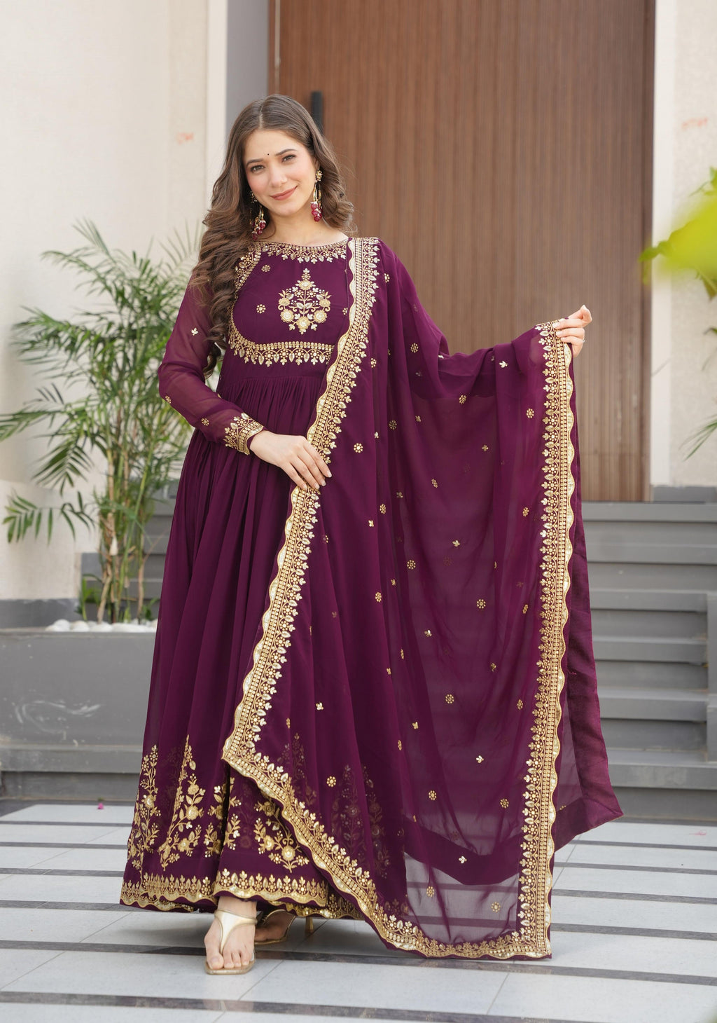 Vedant Vastram Georgette Embroidery & Sequence Work Stitched Ethnic Gown-Wine
