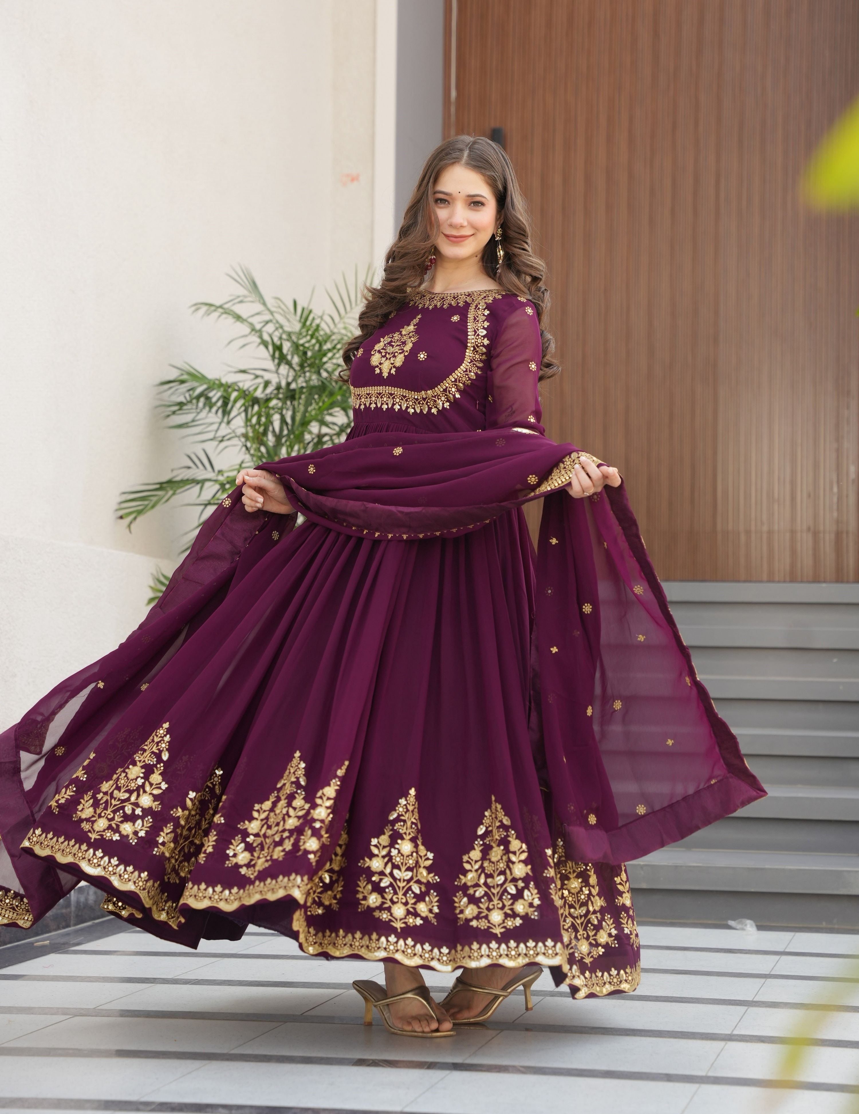Vedant Vastram Georgette Embroidery & Sequence Work Stitched Ethnic Gown-Wine