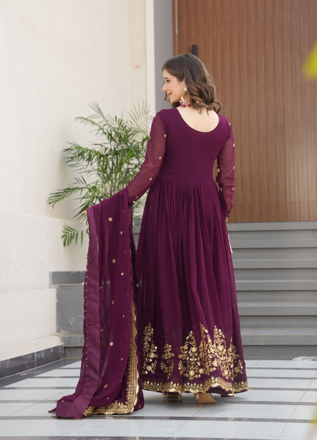 Vedant Vastram Georgette Embroidery & Sequence Work Stitched Ethnic Gown-Wine