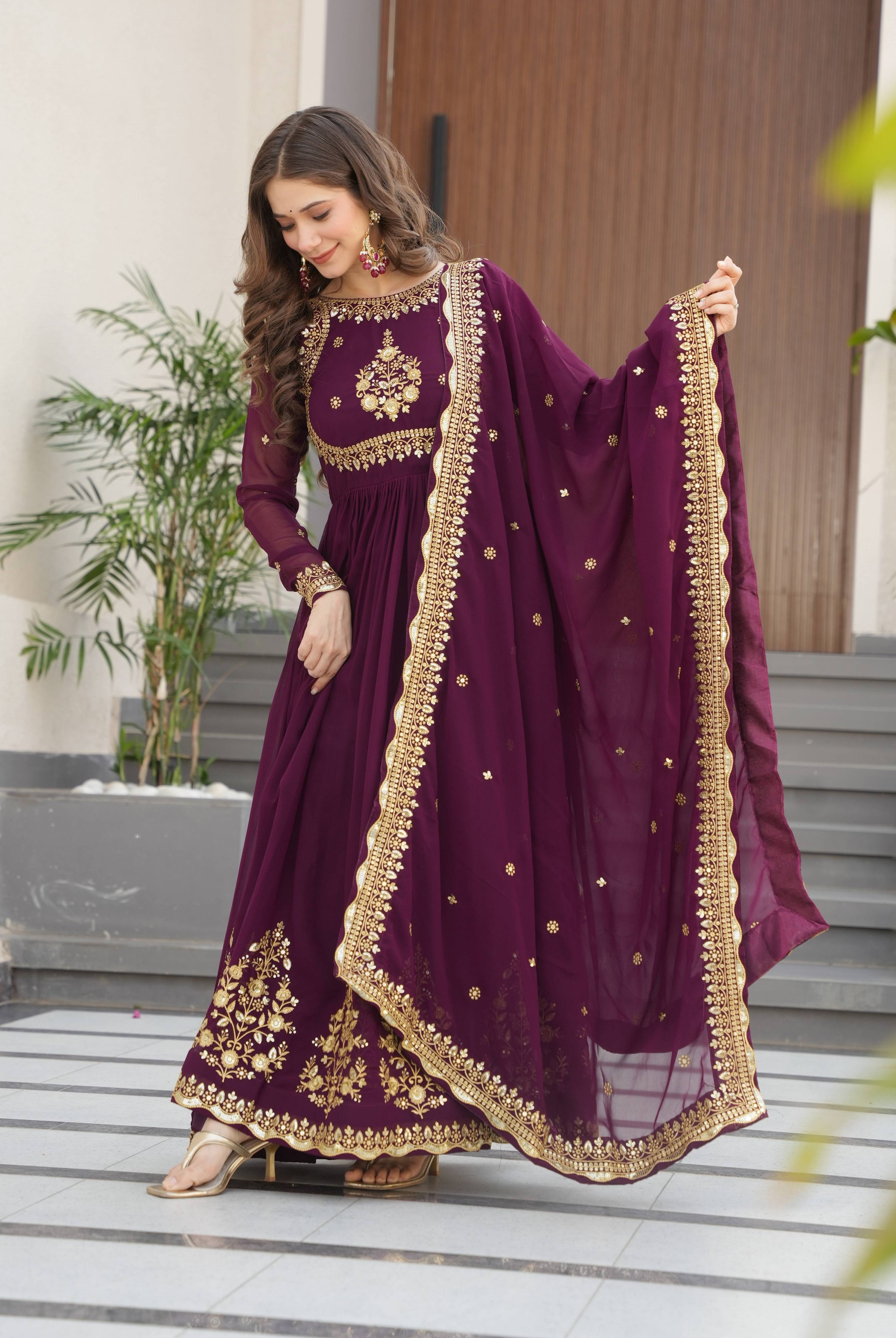 Vedant Vastram Georgette Embroidery & Sequence Work Stitched Ethnic Gown-Wine