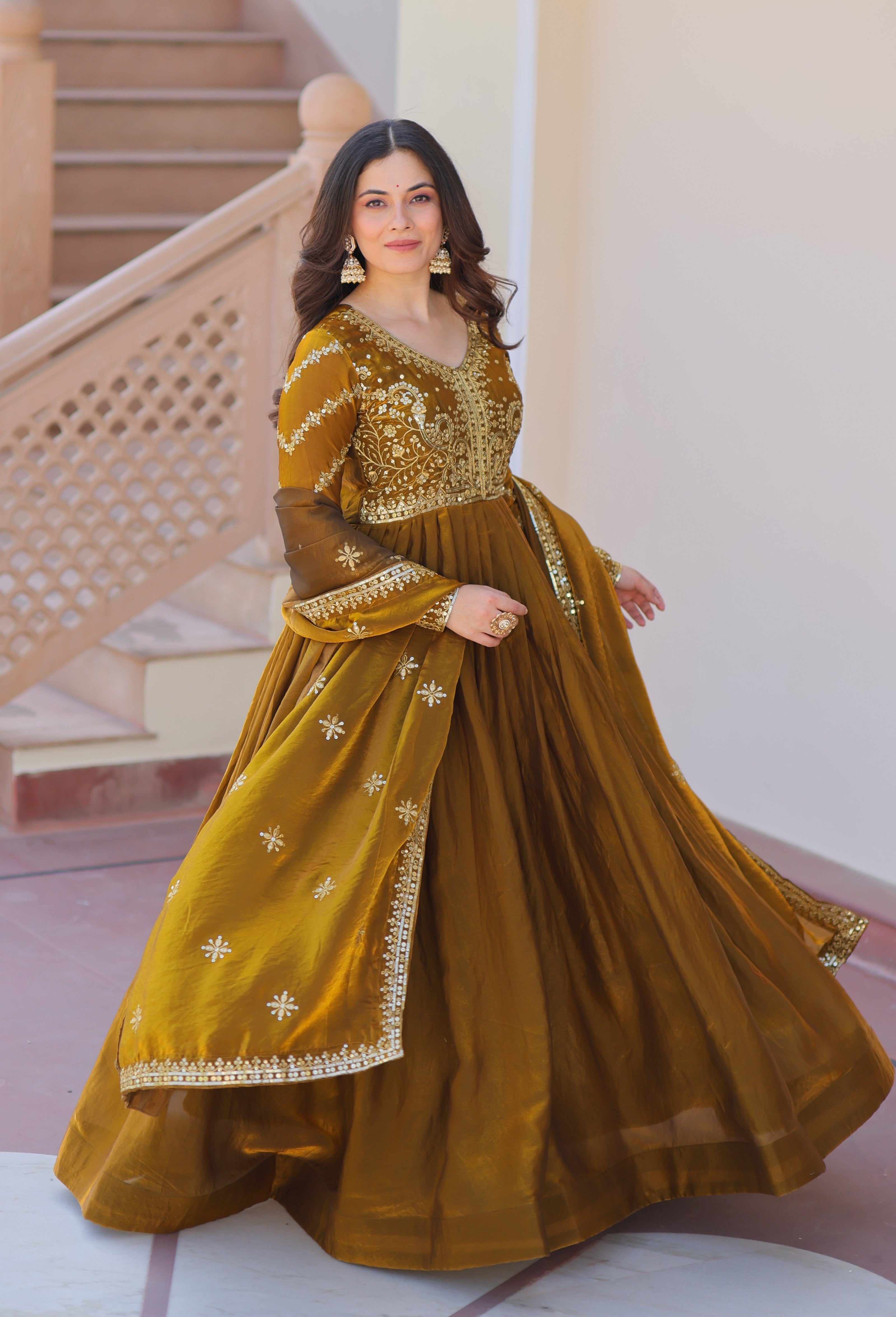 Vedant Vastram Russian Silk Embroidery & Sequence Work Stitched Ethnic Gown-Mahendi