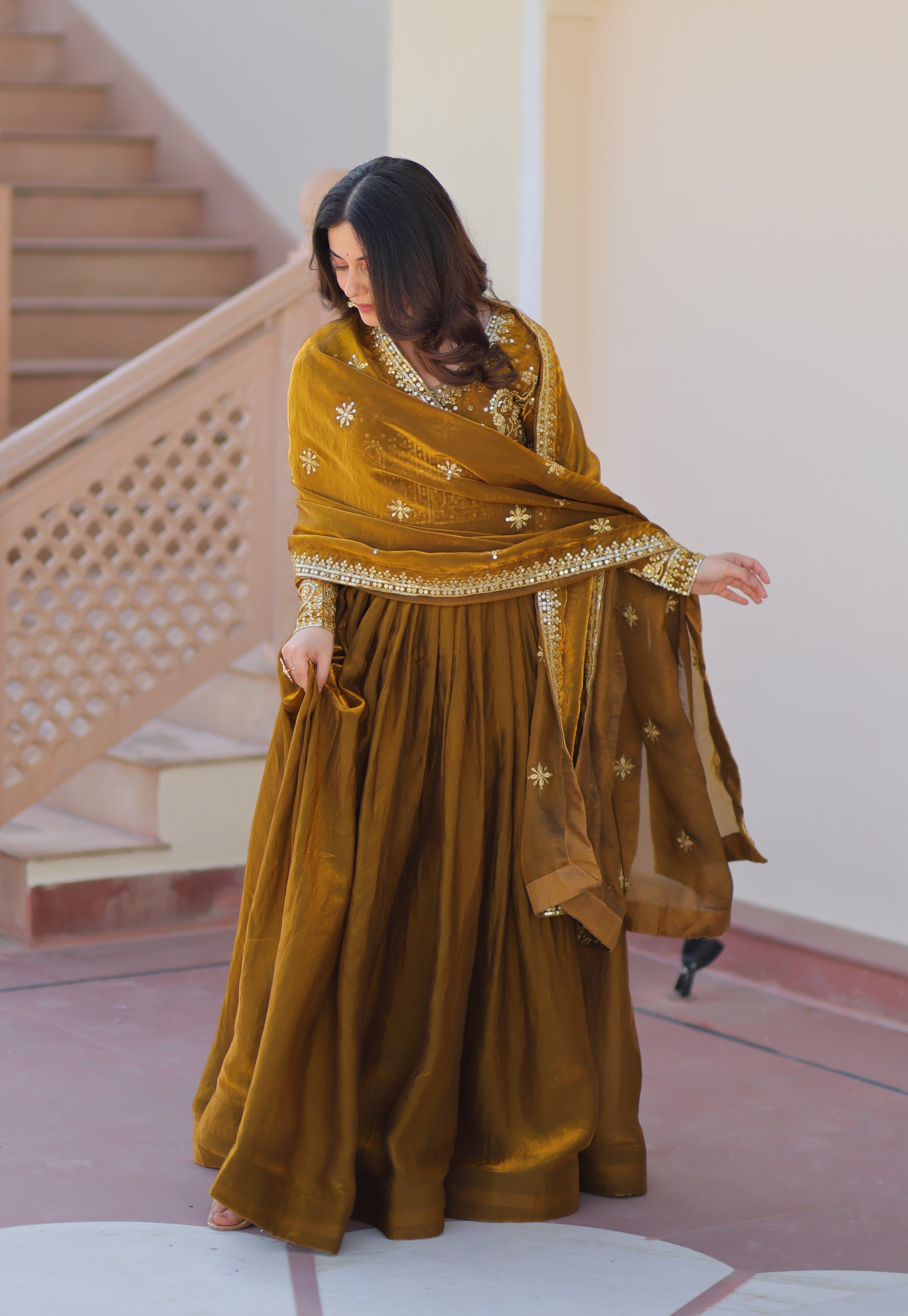 Vedant Vastram Russian Silk Embroidery & Sequence Work Stitched Ethnic Gown-Mahendi