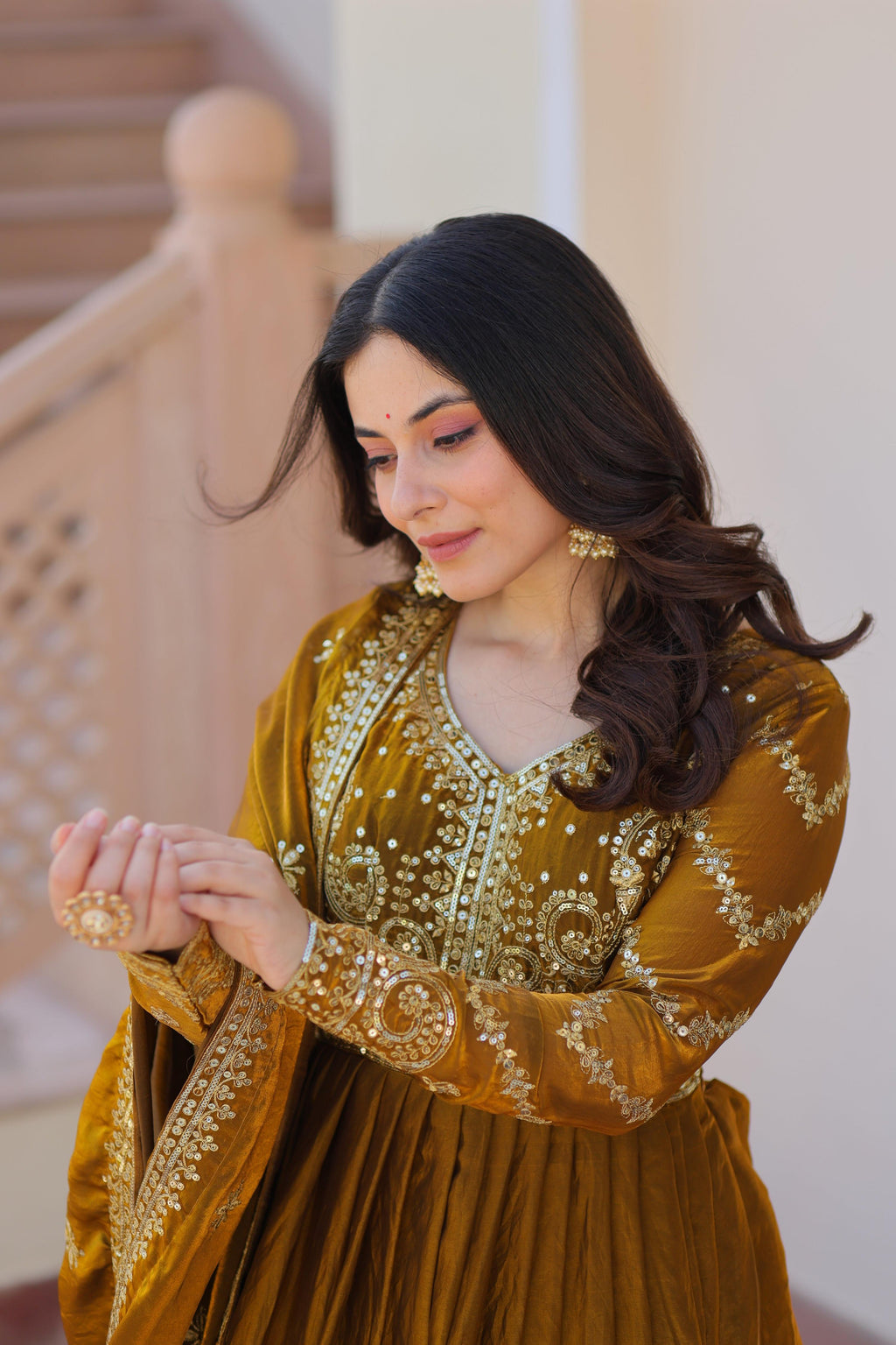 Vedant Vastram Russian Silk Embroidery & Sequence Work Stitched Ethnic Gown-Mahendi