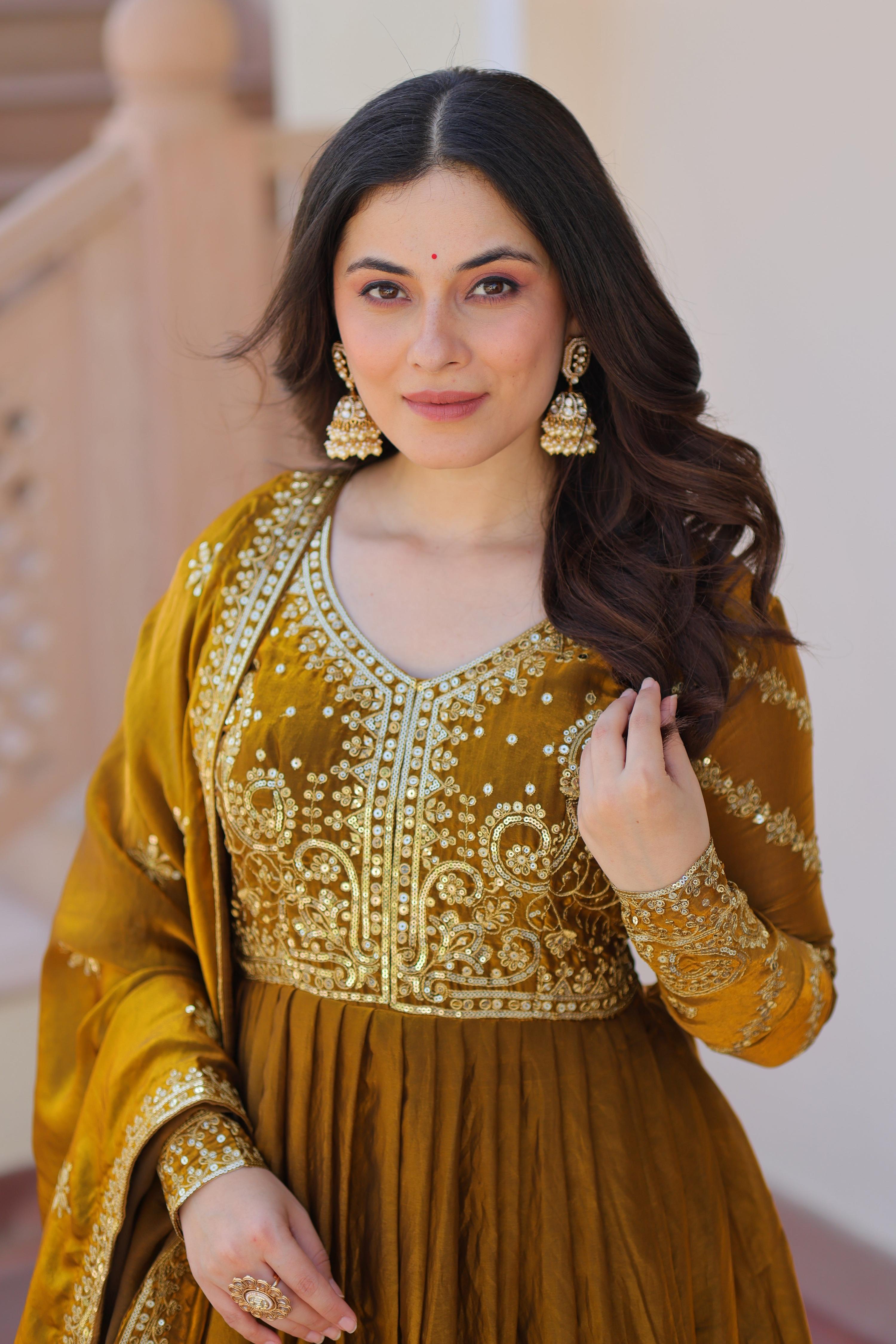 Vedant Vastram Russian Silk Embroidery & Sequence Work Stitched Ethnic Gown-Mahendi