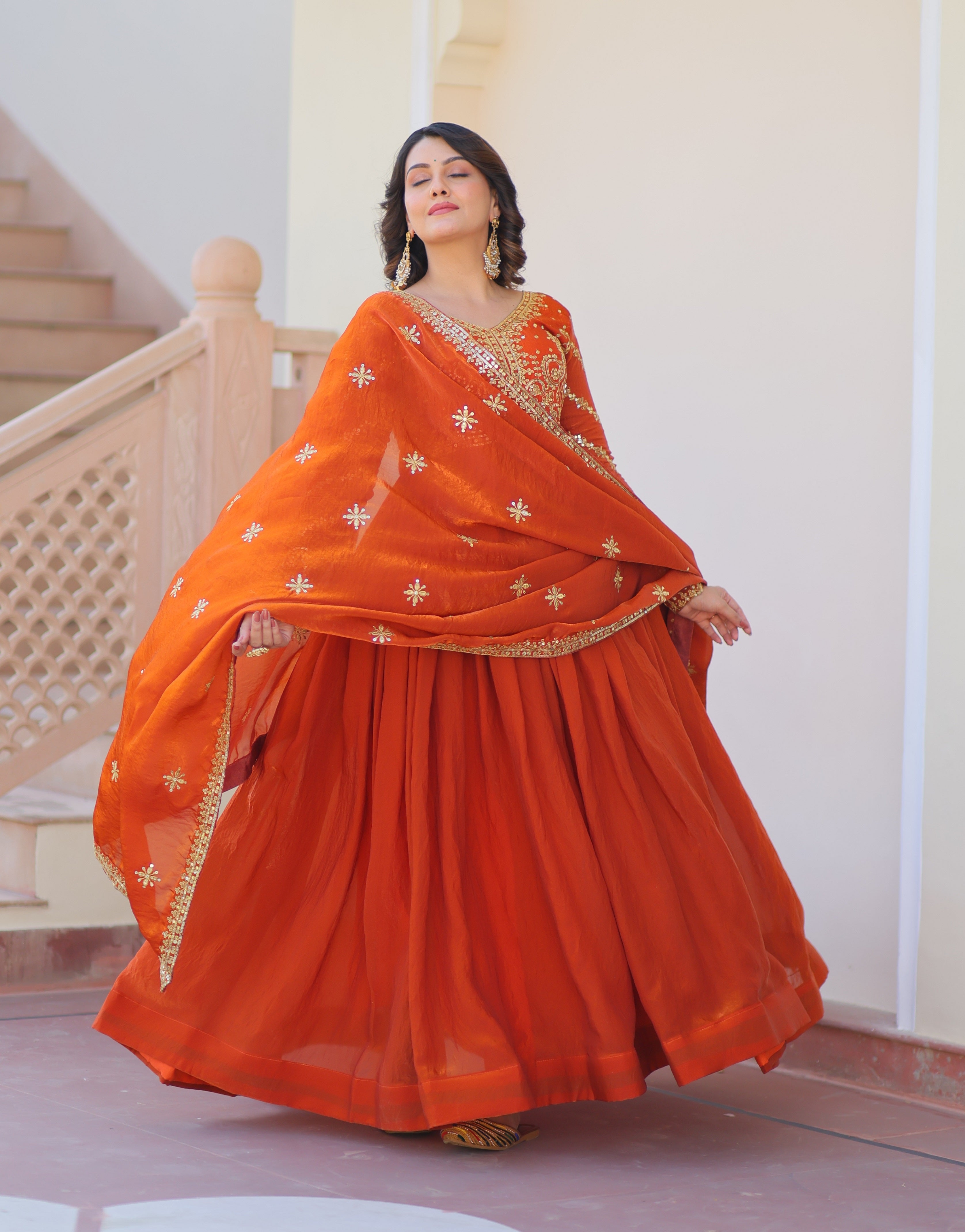 Vedant Vastram Russian Silk Embroidery & Sequence Work Stitched Ethnic Gown-Orange