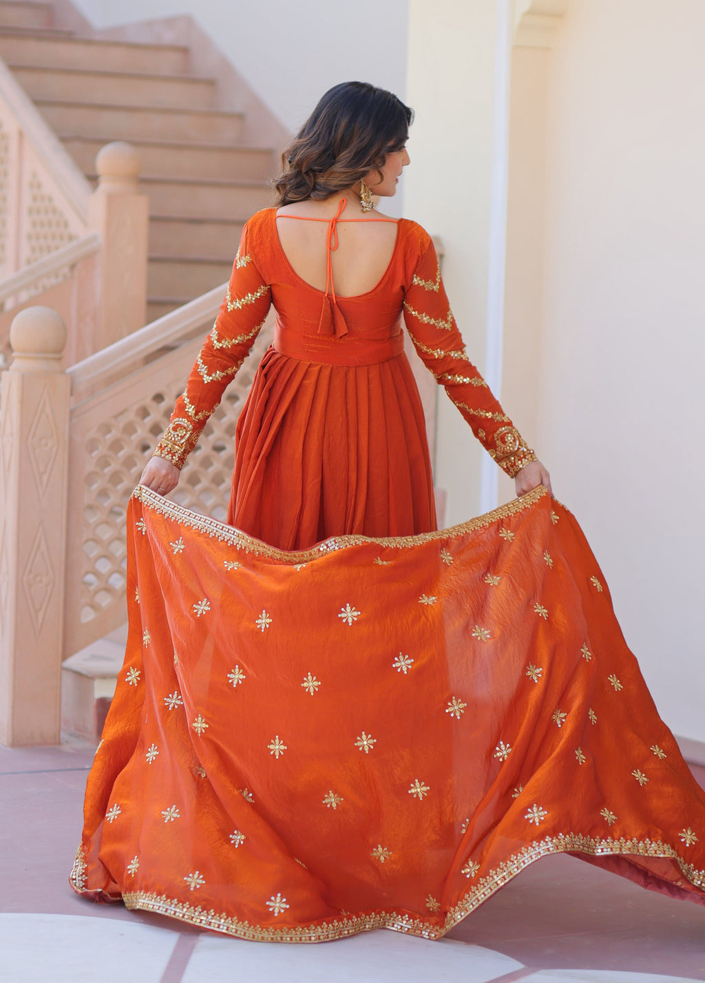 Vedant Vastram Russian Silk Embroidery & Sequence Work Stitched Ethnic Gown-Orange
