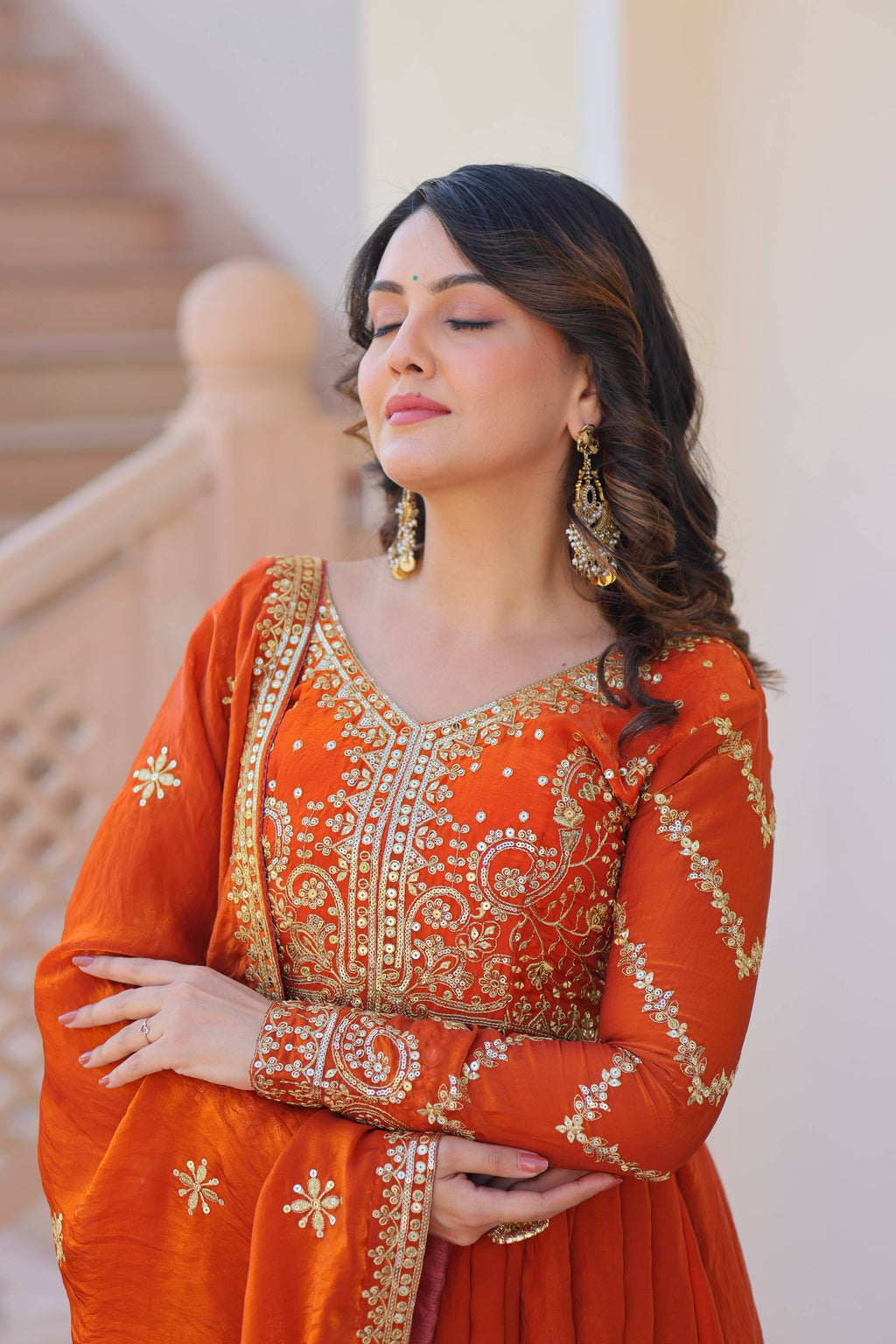Vedant Vastram Russian Silk Embroidery & Sequence Work Stitched Ethnic Gown-Orange