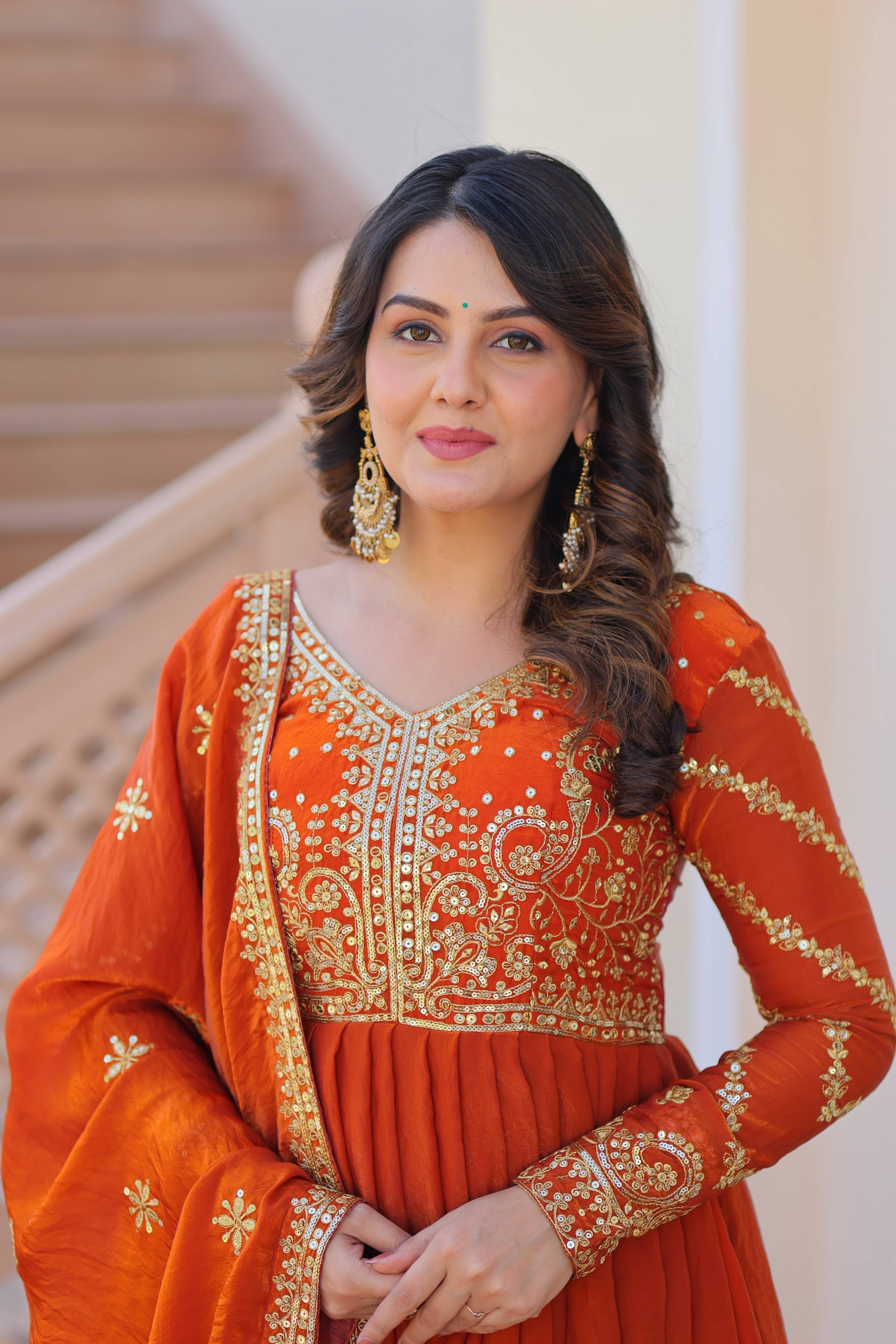 Vedant Vastram Russian Silk Embroidery & Sequence Work Stitched Ethnic Gown-Orange