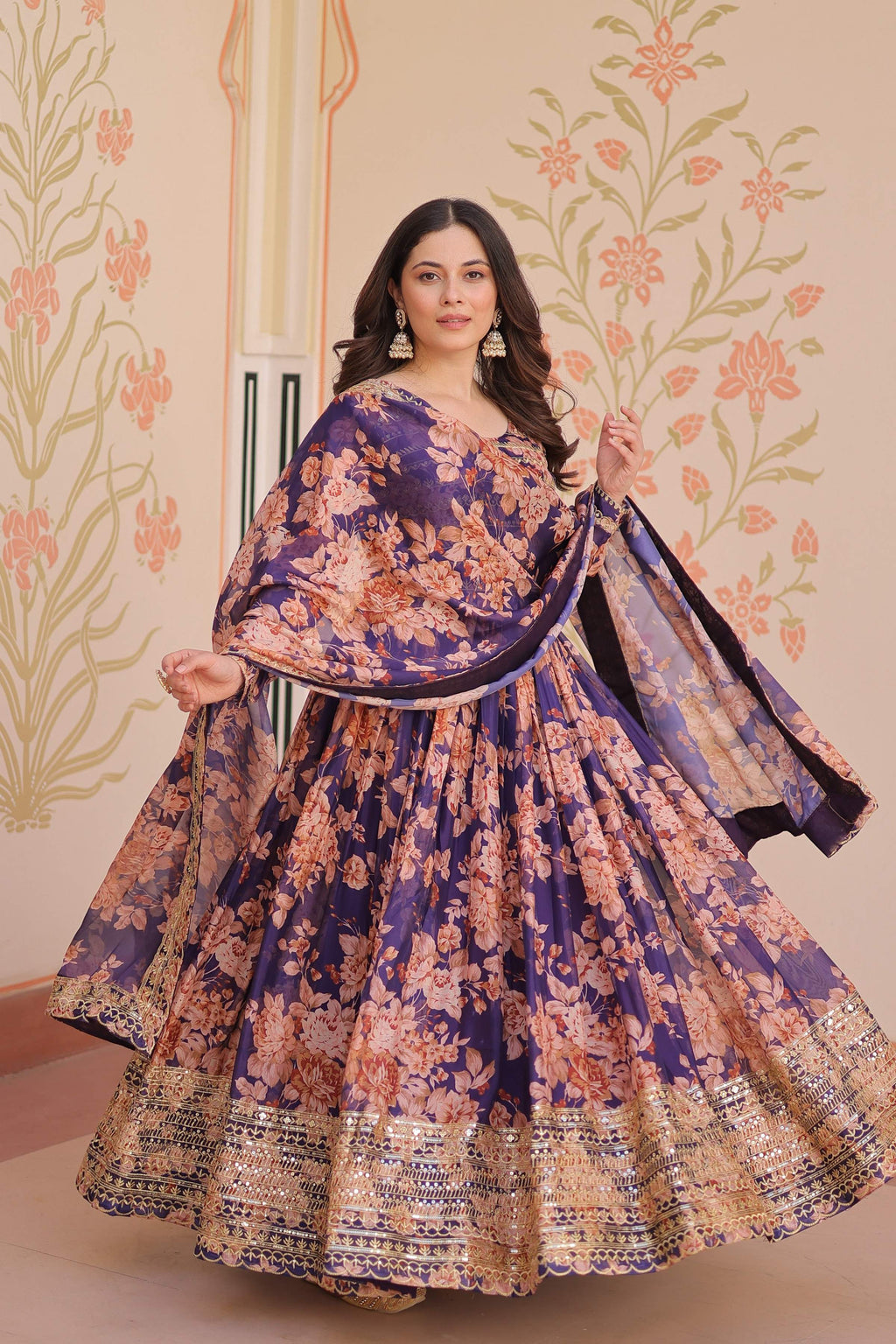 Vedant Vastram Russian Silk Embroidery & Sequence Work Stitched Ethnic Gown-Purple