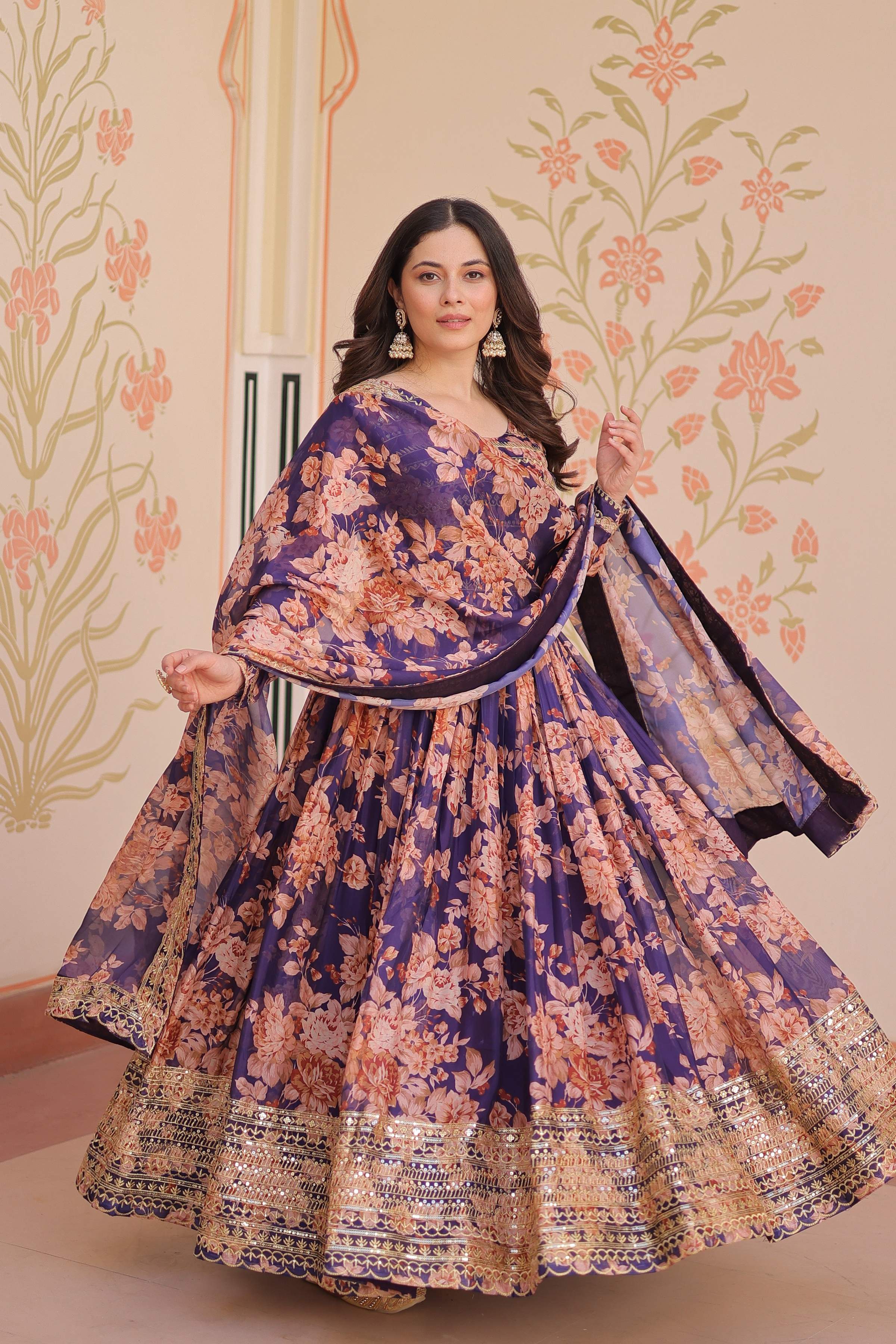 Vedant Vastram Russian Silk Embroidery & Sequence Work Stitched Ethnic Gown-Purple