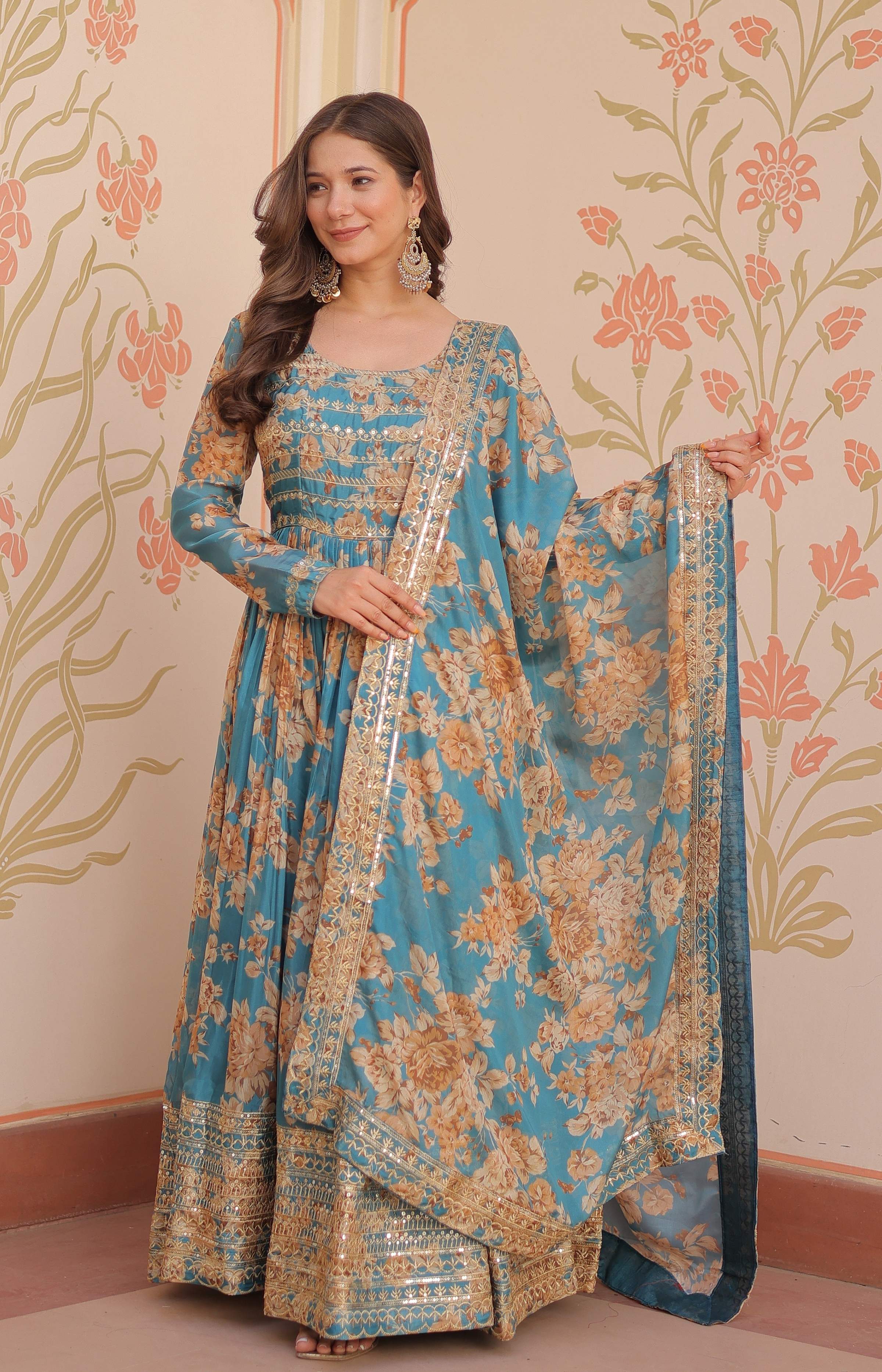 Vedant Vastram Russian Silk Embroidery & Sequence Work Stitched Ethnic Gown-Rama