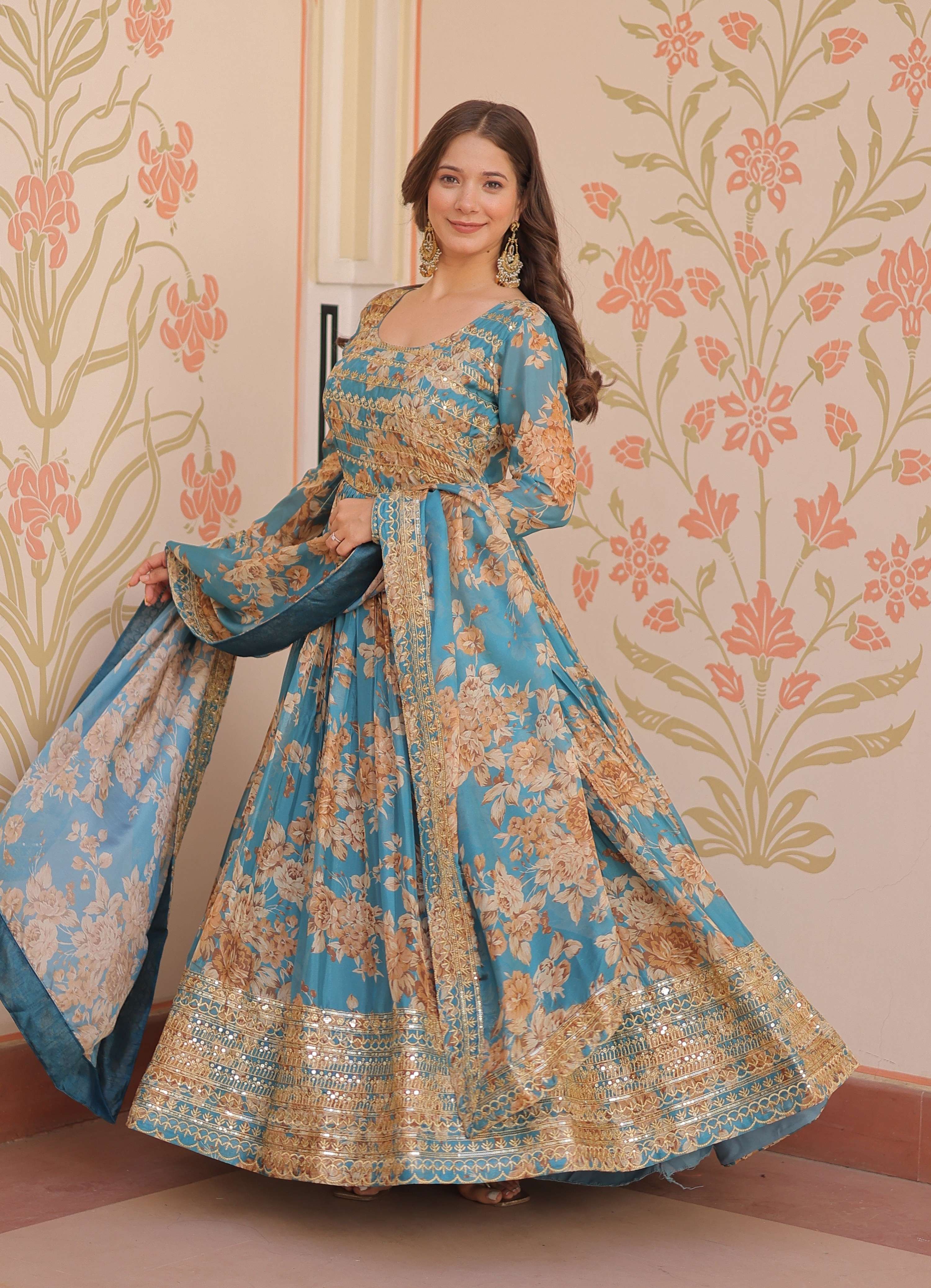 Vedant Vastram Russian Silk Embroidery & Sequence Work Stitched Ethnic Gown-Rama