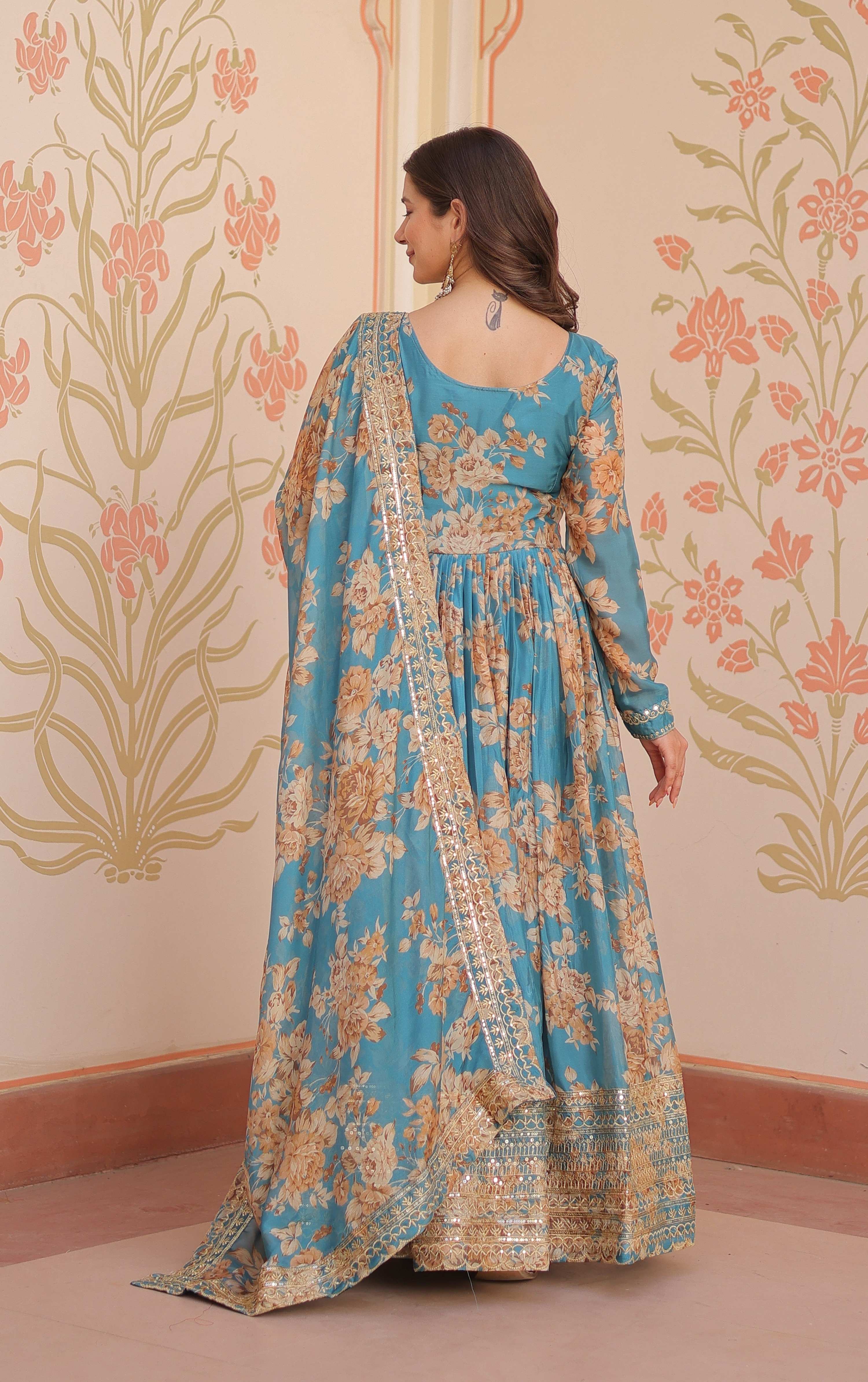 Vedant Vastram Russian Silk Embroidery & Sequence Work Stitched Ethnic Gown-Rama