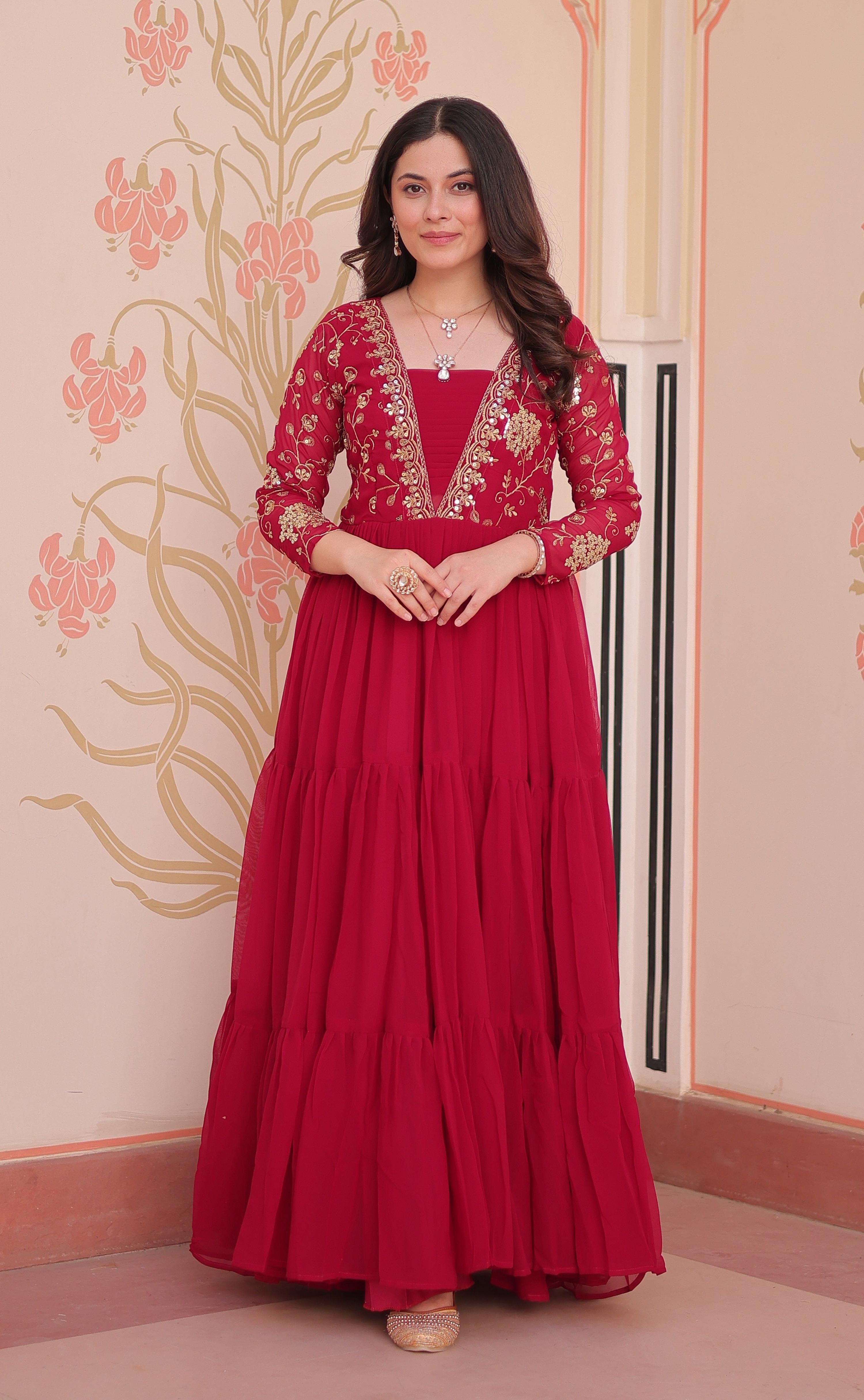 Vedant Vastram Georgette Embroidery & Sequence Work Stitched Ethnic Gown-Pink