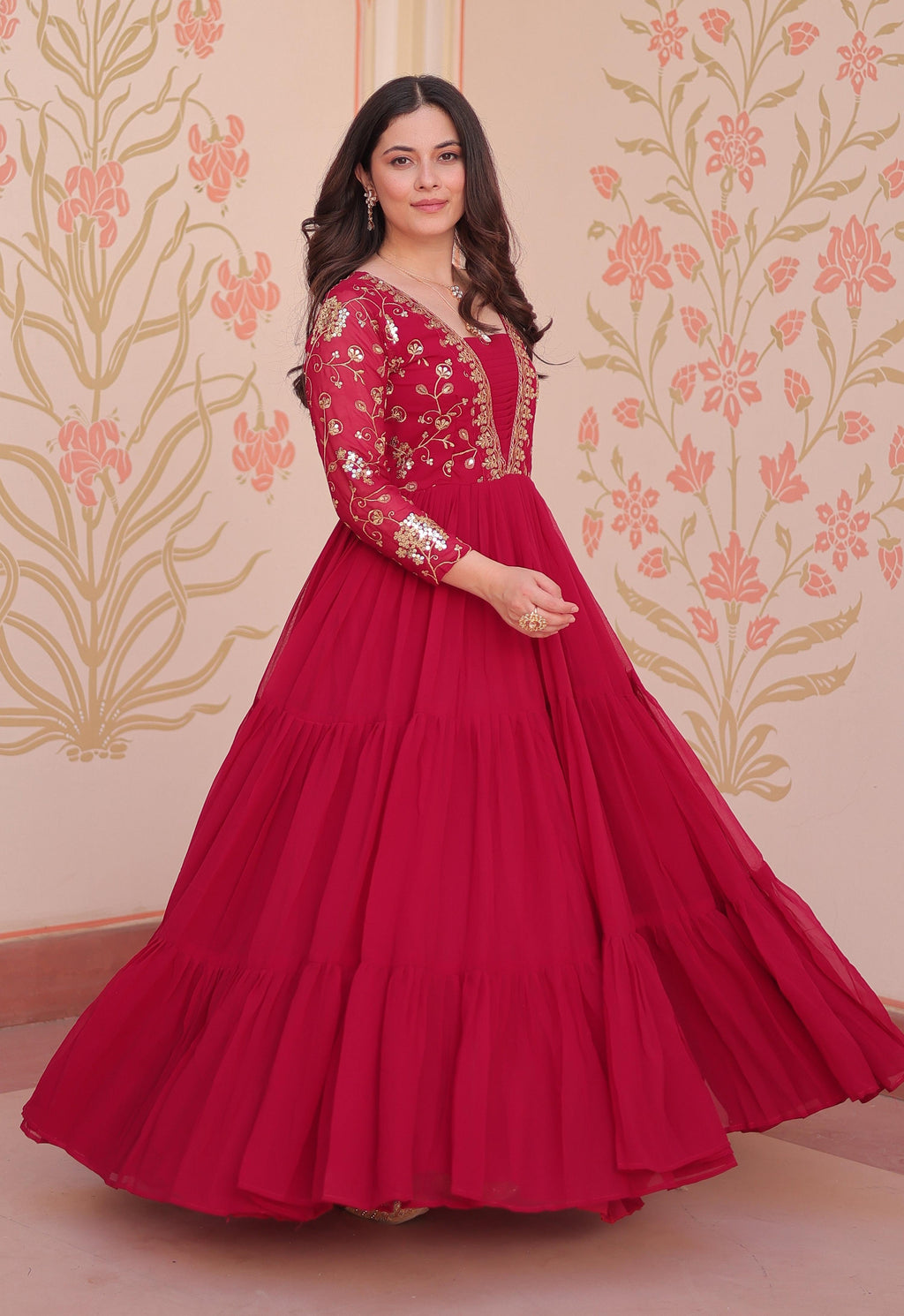 Vedant Vastram Georgette Embroidery & Sequence Work Stitched Ethnic Gown-Pink