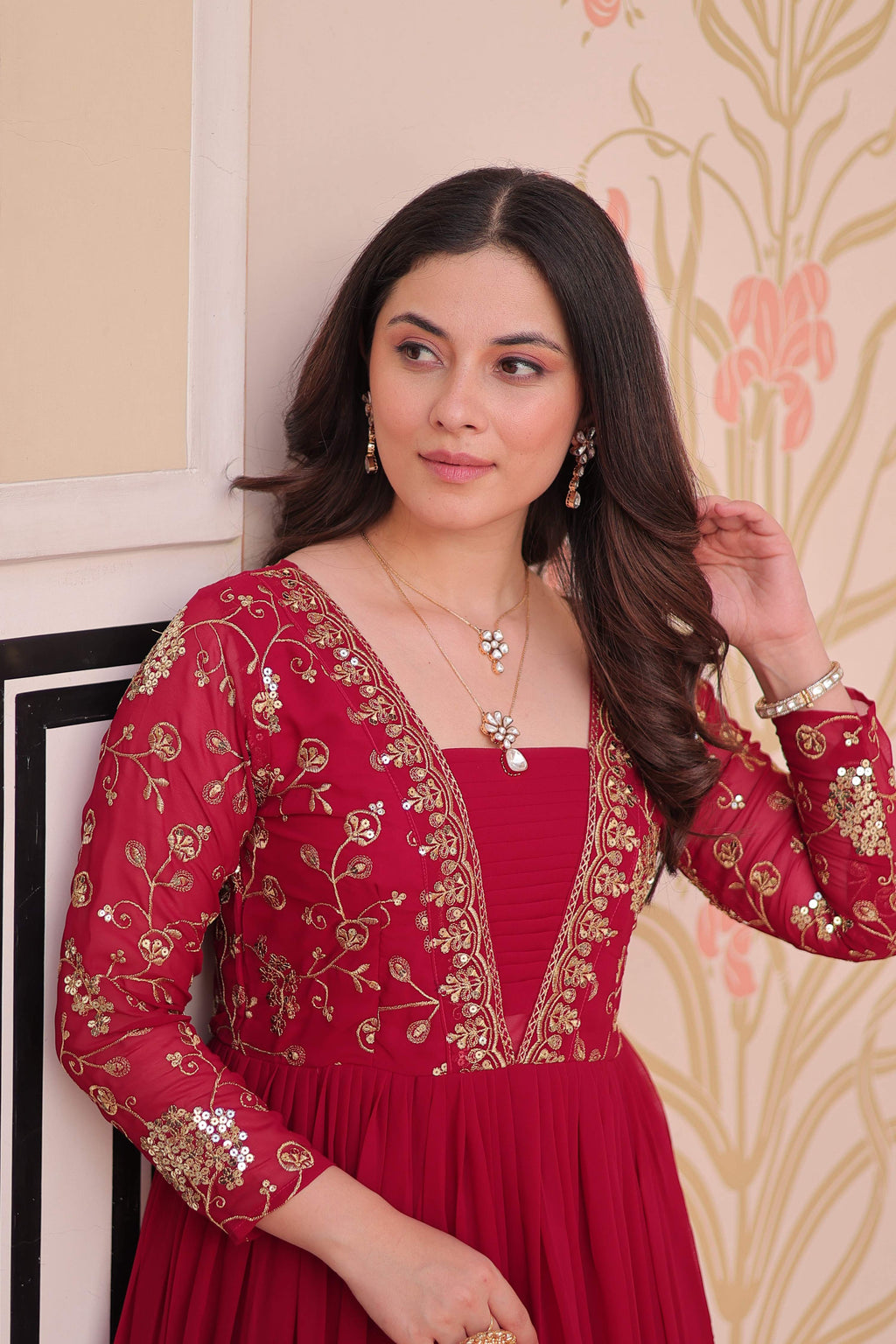 Vedant Vastram Georgette Embroidery & Sequence Work Stitched Ethnic Gown-Pink