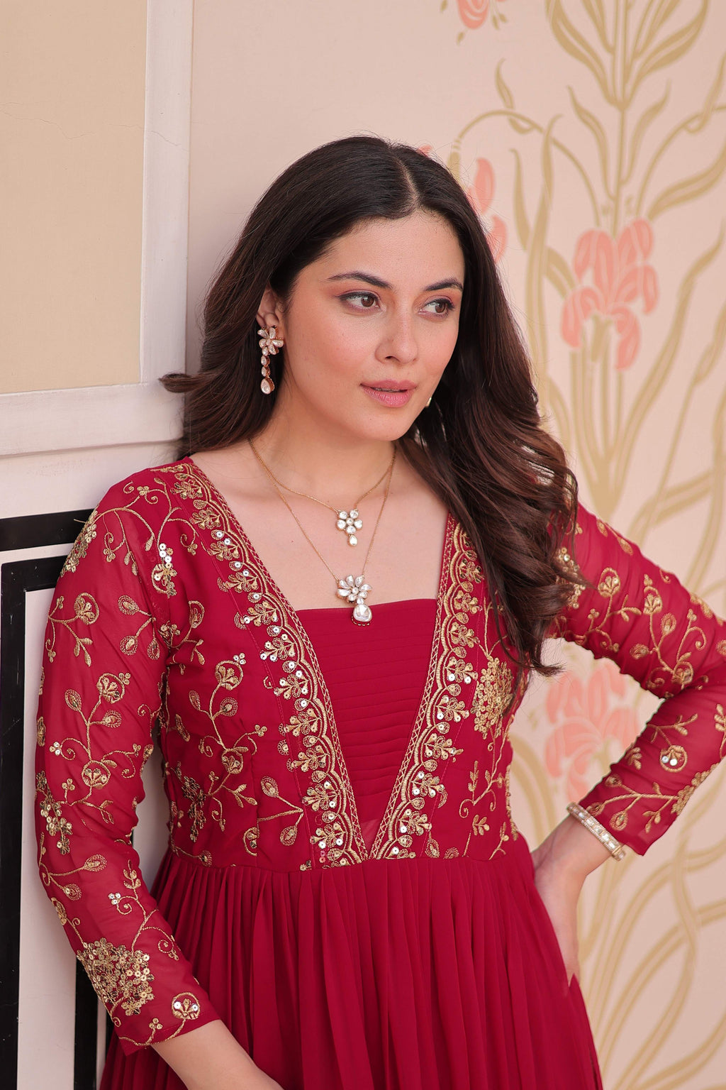 Vedant Vastram Georgette Embroidery & Sequence Work Stitched Ethnic Gown-Pink