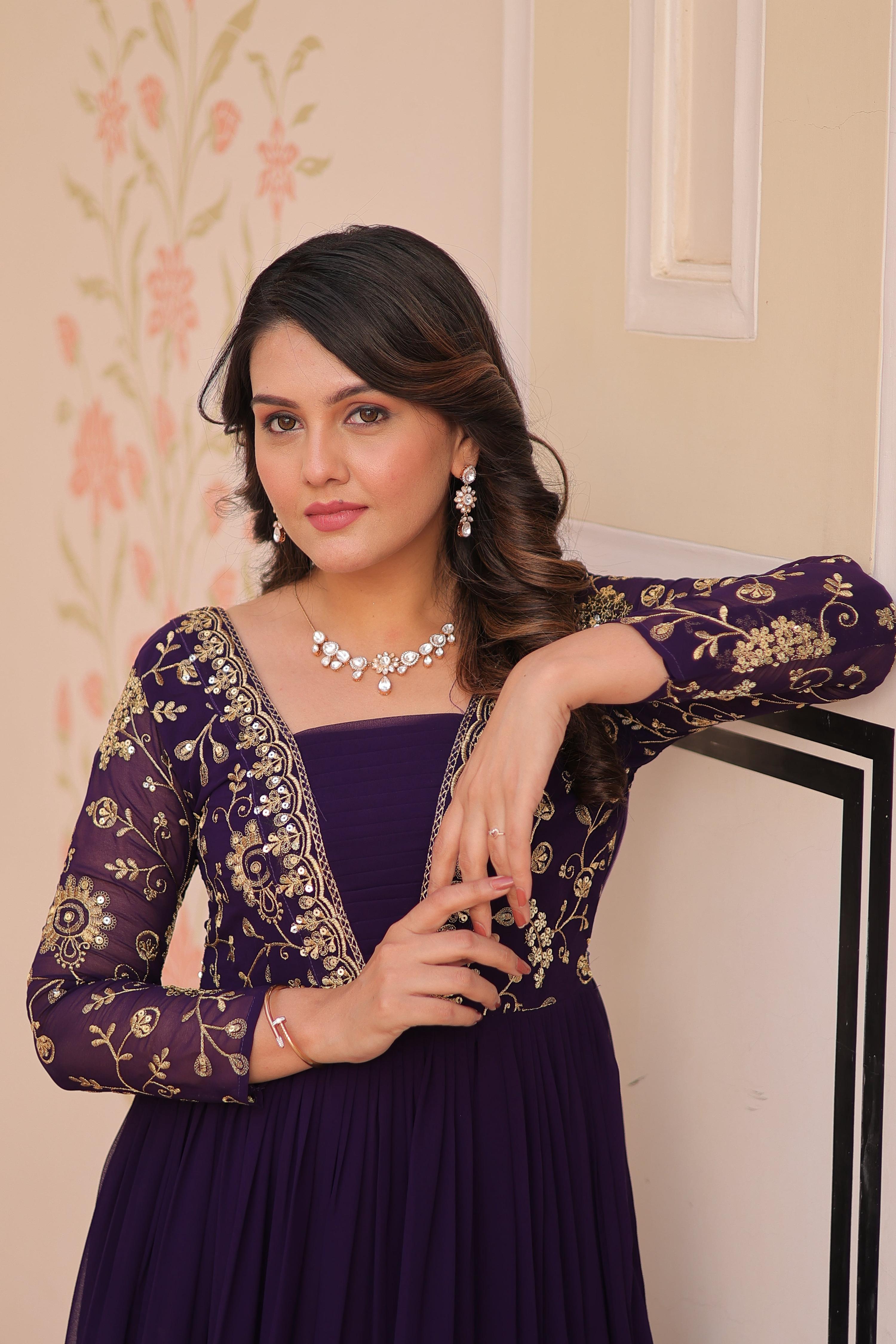 Vedant Vastram Georgette Embroidery & Sequence Work Stitched Ethnic Gown-Purple