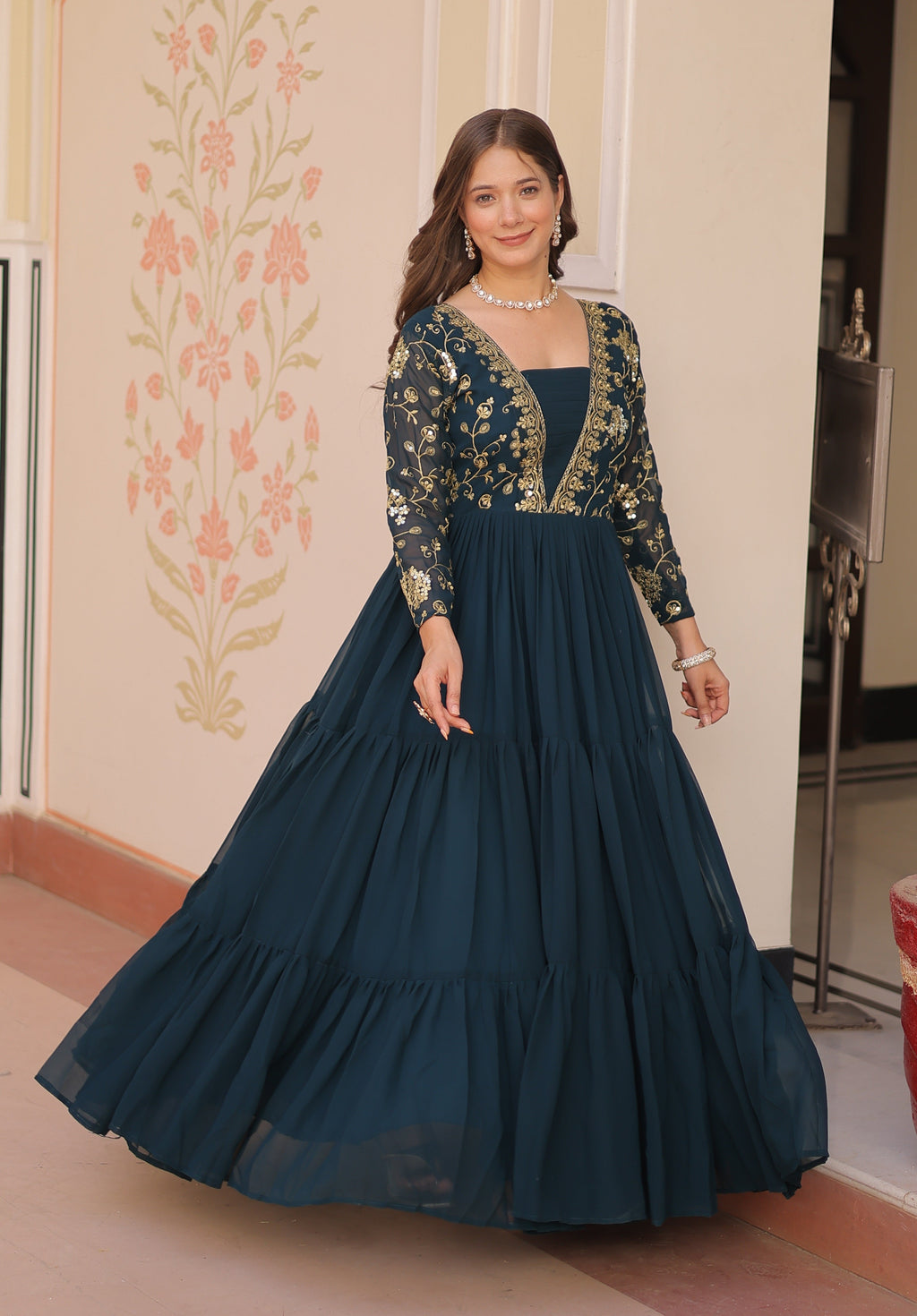 Vedant Vastram Georgette Embroidery & Sequence Work Stitched Ethnic Gown-Rama